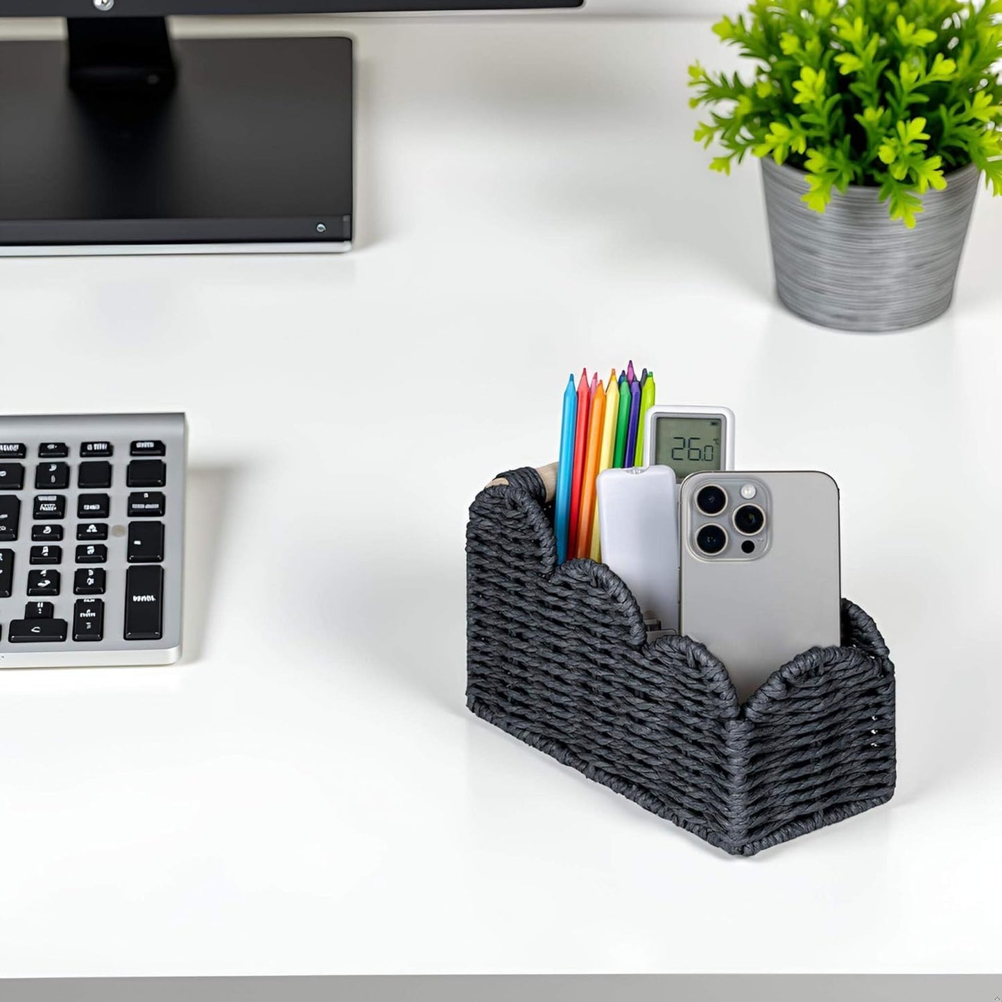CubesLand Scalloped TV Remote Control Holder Bedside Organizer, Office Desk Caddy Storage Organizer Accessories, Pen Pencil Cup, Makeup Brush Holder, Fits Farmhouse Rustic Decor, Earth Friendly, Black