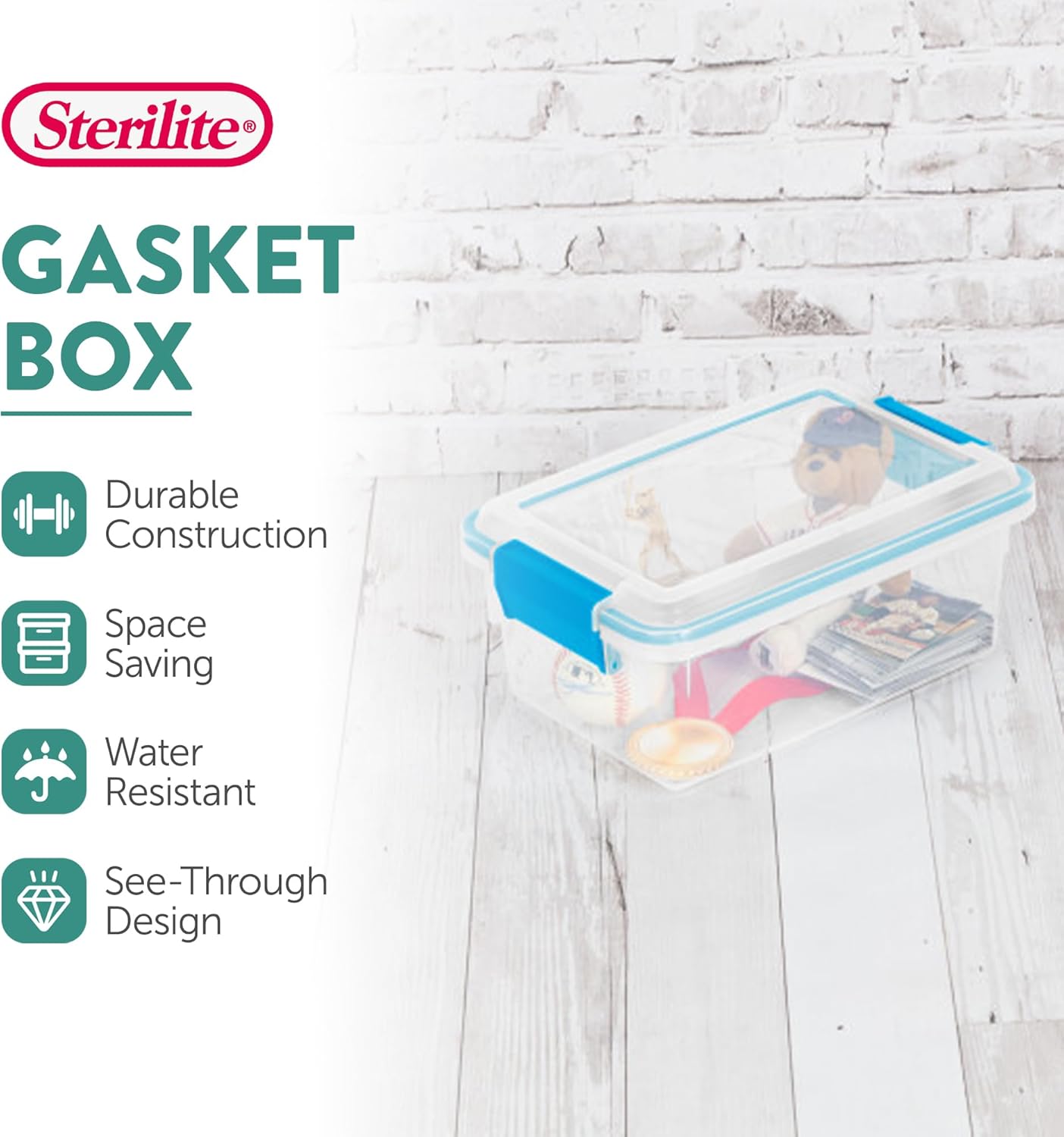 Sterilite 18-Pack Gasket Box, Weather-Resistant Storage Bins with Latching Lids, 7.5 Quart - Heavy-Duty Organizing Containers for Closet, Bathroom, and Office