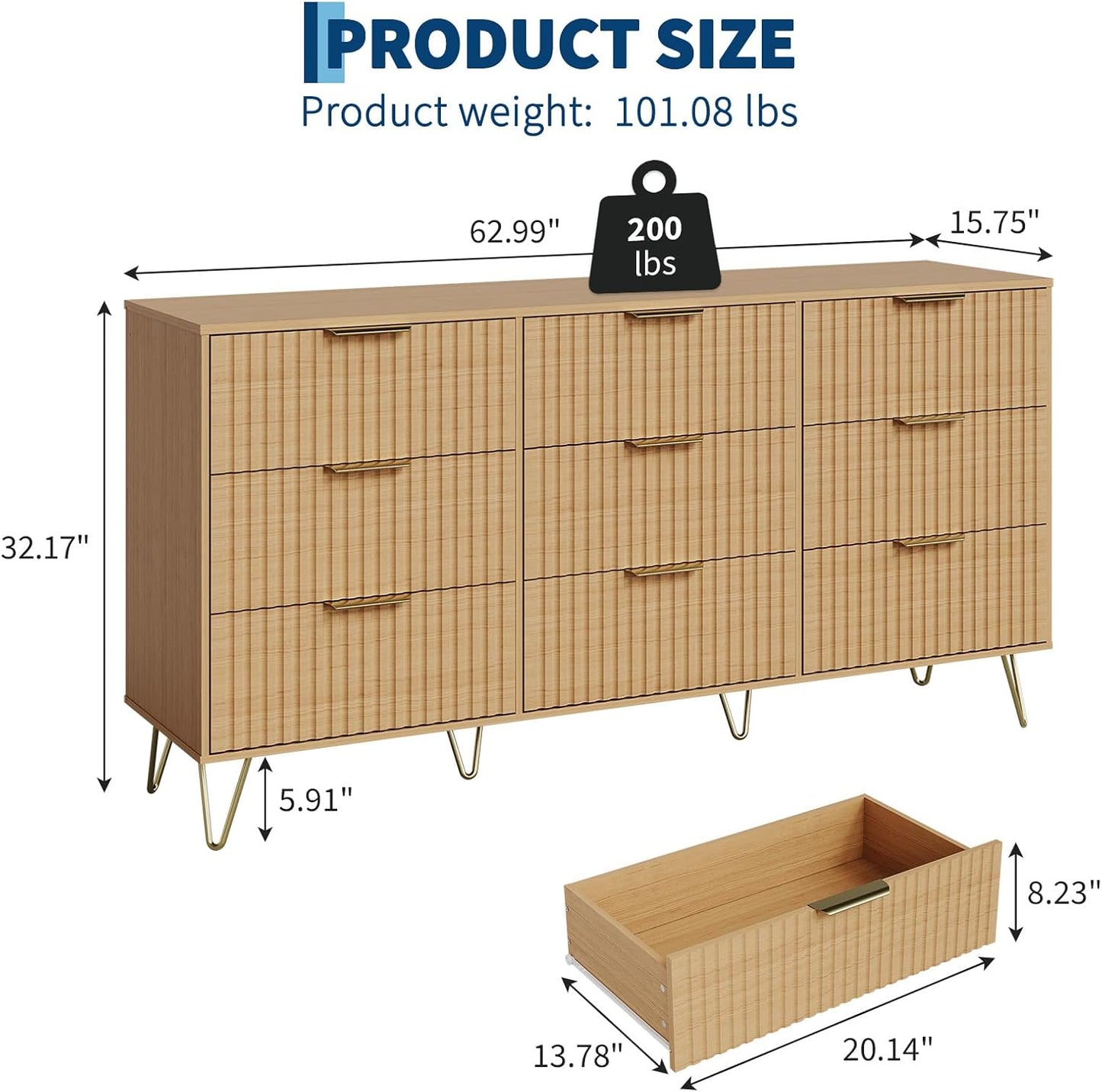 Garvee Fluted Dresser for Bedroom with 9 Drawers,63" Wide Modern Chest of Wooden Bedroom Chest with Metal Handle,Clothes Storage Organizer,Closet Dresser & TV Stand for Living Room,Hallway,Natural