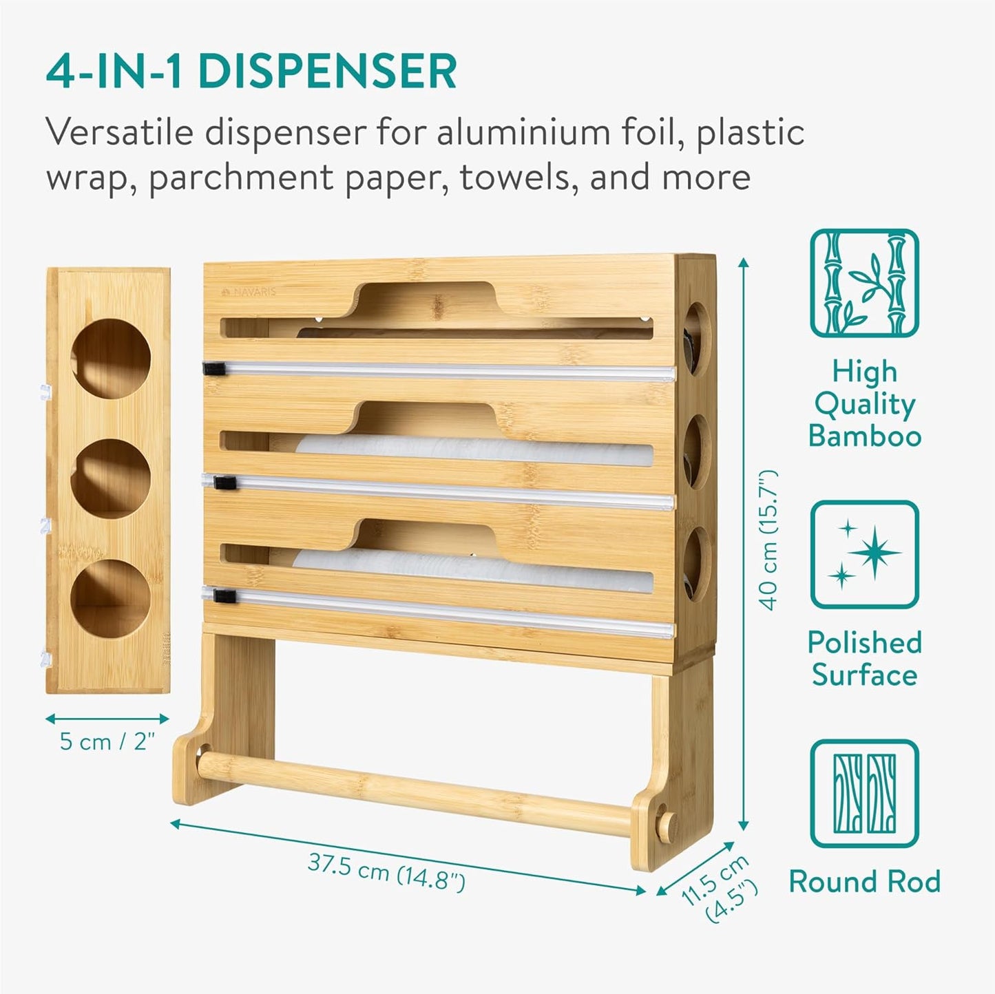 Navaris 4 in 1 Plastic Wrap Dispenser with Cutter - Space Saving Kitchen Roll Storage Foil Organizer for Drawer - Bamboo Kitchen Wrap Paper Roll Baking Paper and Aluminum Holder