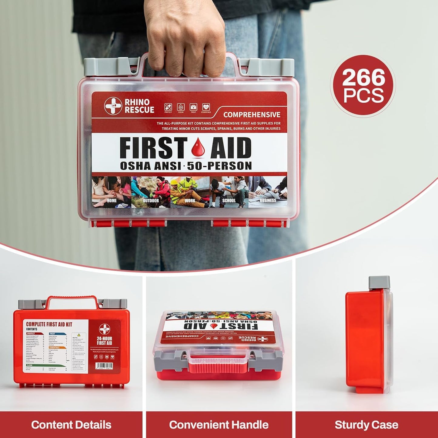 RHINO RESCUE 266 Pieces All-Purpose First Aid Kit, Home & Office Emergency Medical Supplies, Ideal for School, Car, Outdoor, Travel & Camping