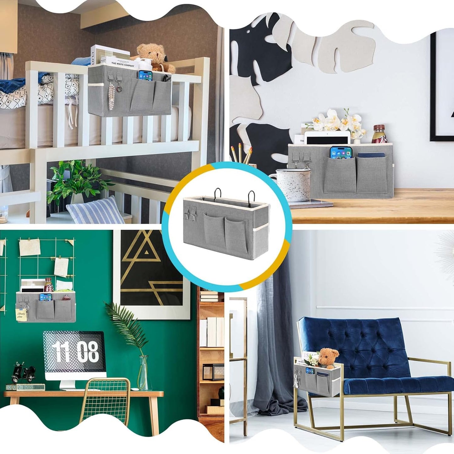 2pcs Bedside Caddy Hanging Storage Bag, Organizer Baskets with Pockets for Bunk Bed Shelf and Hospital Beds, Loft & Dorm Rooms Chair Bed Rails Accessories (Bedside bag-Riceball)