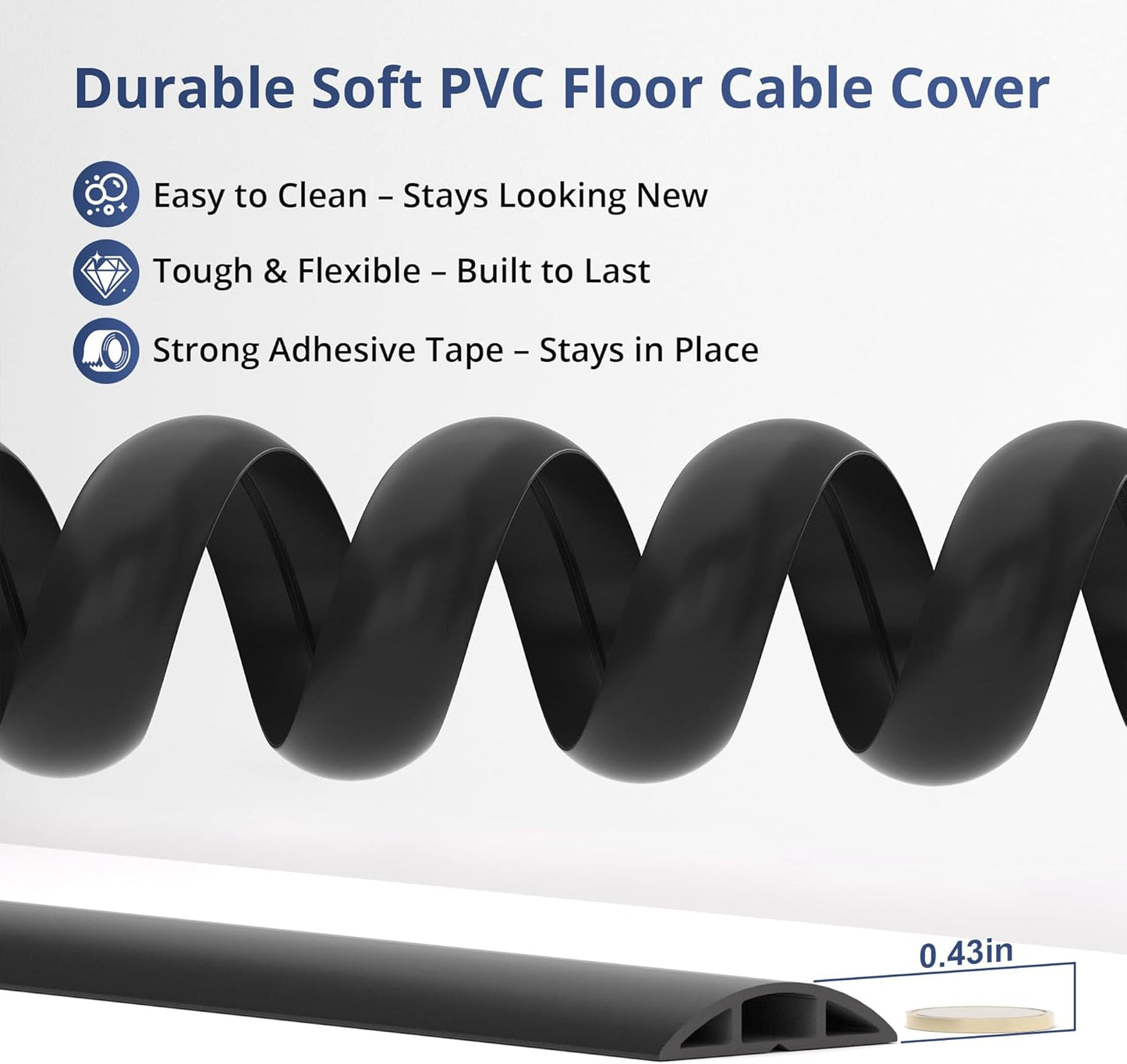 ZhiYo 10ft Cord Covers for Wires on Floor, Cord Hider Floor Hide Extension Cords, Soft PVC Cable Cover Cable Protector, Cable Cavity W0.62in, H0.31in, Black