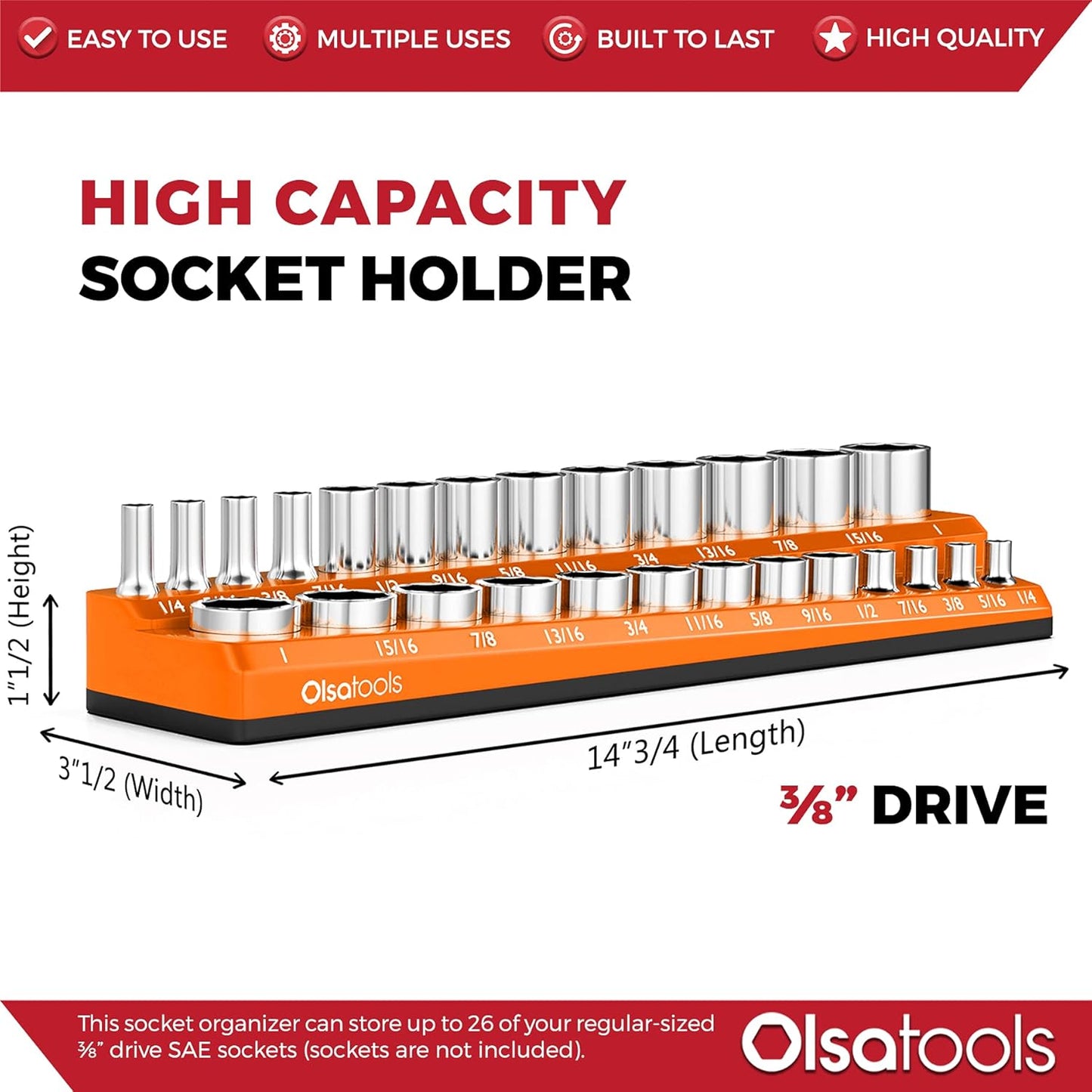 Olsa Tools Magnetic Socket Organizer | 3/8-inch drive | SAE Orange | Holds 26 Sockets | Professional Quality Tools Organizer