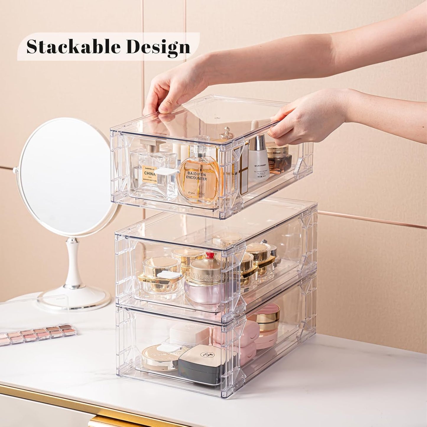 Stackable Pull-Out Storage Drawers，Easily Clean for Craft, and Toy Organization，Plastic Clear Organizer Bins with Handles for Kitchen Undersink，Cabinet，Fridge，Closet，Pantry，Office，Bathroom