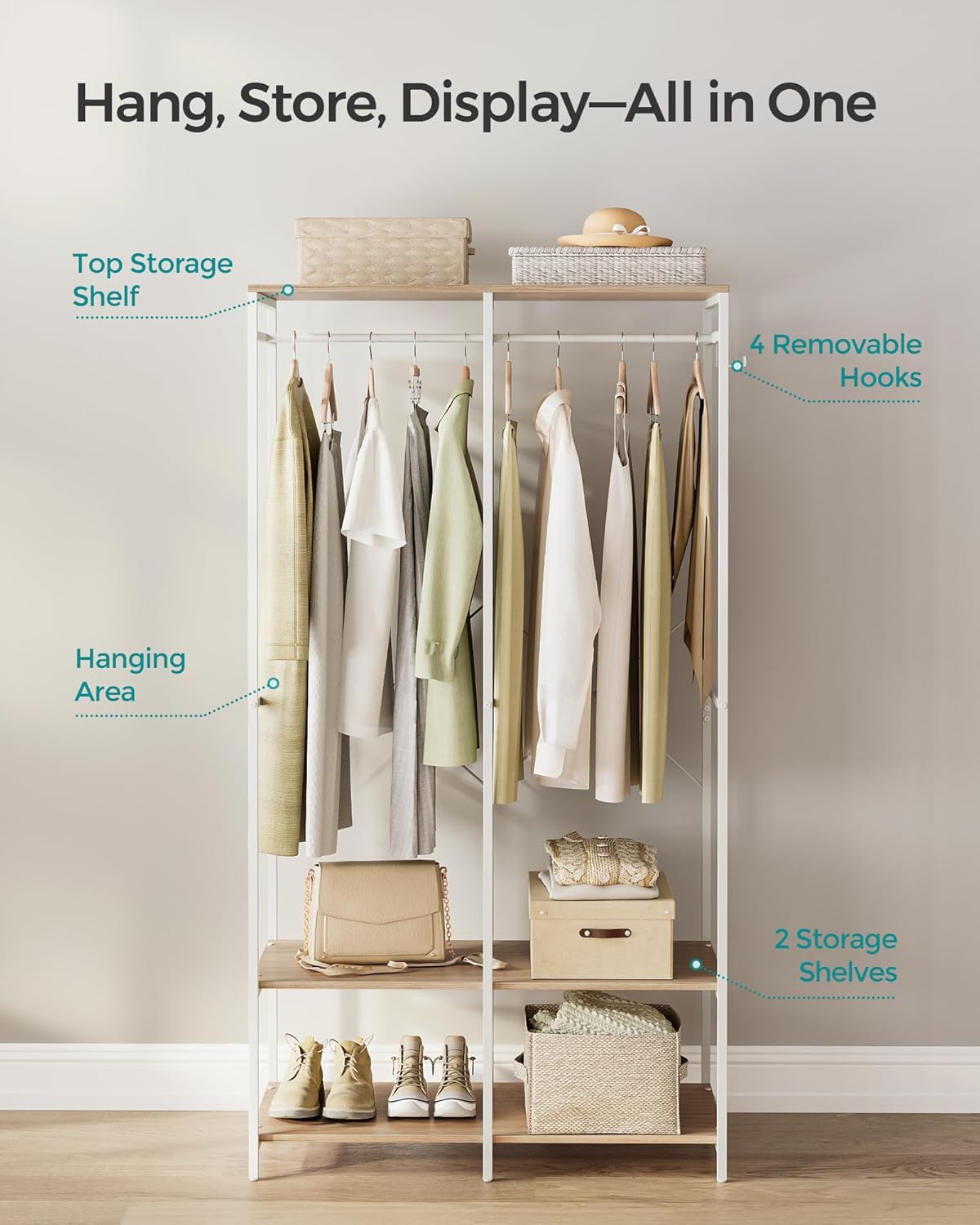SONGMICS Clothes Rack, Iron and Wood Wardrobe Closet Organizer, Heavy Duty Garment Rack with Hanging Rods, Closet Shelves, Removable Hooks, 15.7 x 37.2 x 70.9 Inches, Natural Beige URGR004W67