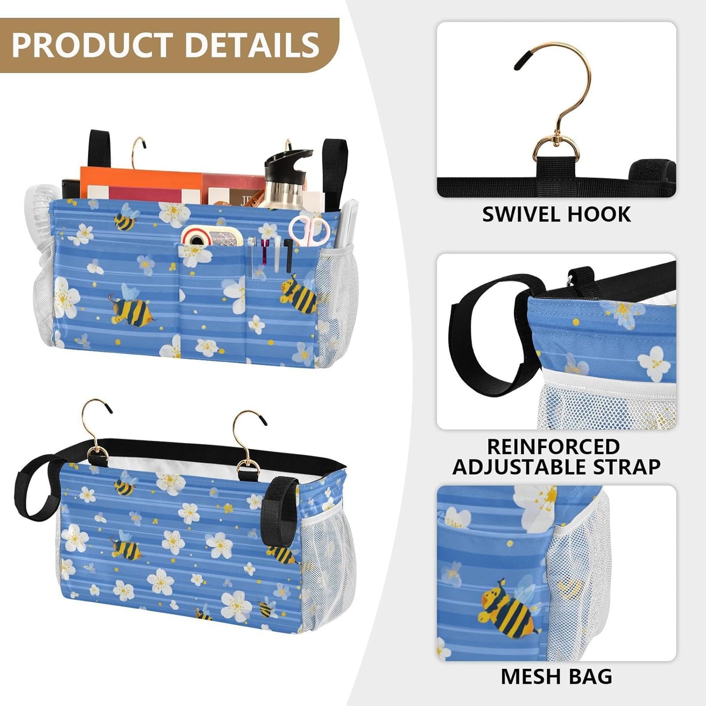 Blue Striped Sakura Bees Bedside Caddy for Dorm Bed Bedside Hanging Caddy Bag Iron Frame Storage Organizer Pocket for Bunk Home College Hospital Beds 2 Hooks