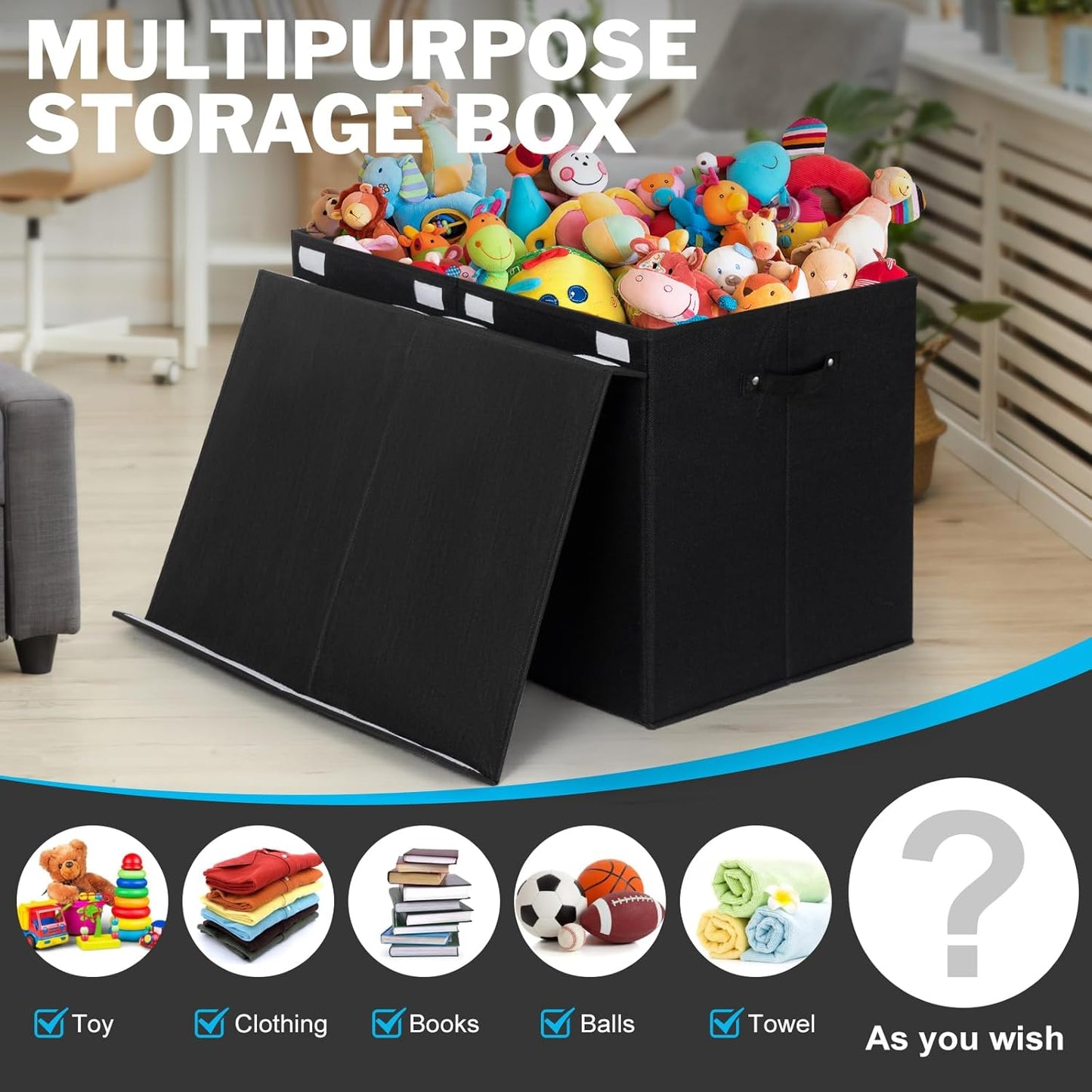 popoly 122L Large Toy Box Chest with Lid, Foldable Toy Storage Organizer Bin Boxes with Removable Divider for Kids, Boys, Girls, Nursery, Playroom, 26"x17" x17"(Linen Black)