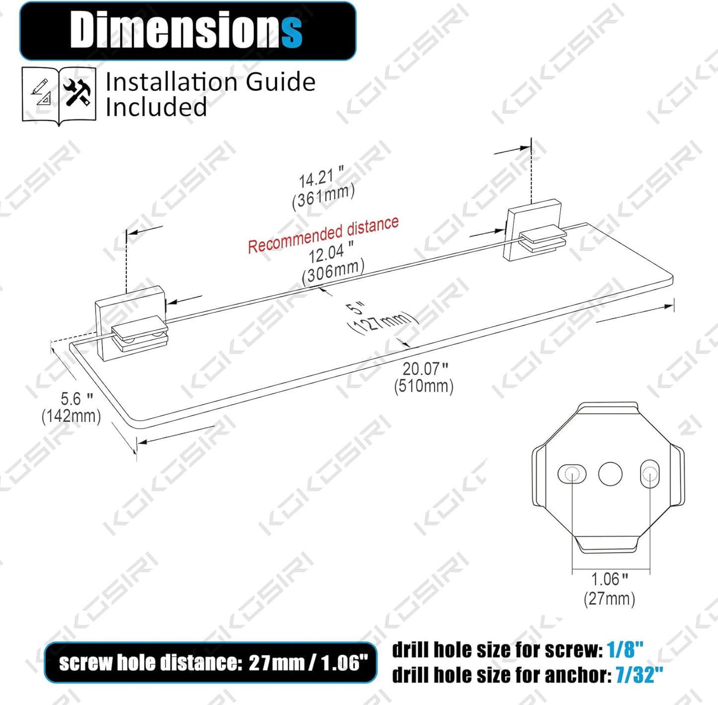 KOKOSIRI Wall Shelves Floating Bathroom Glass Shelf for Kitchen Storage, 20'' x 5.6'' Tempered Glass Wall Mounted Brushed Stainless Steel, 2 Pack B1106BR-L20-P2