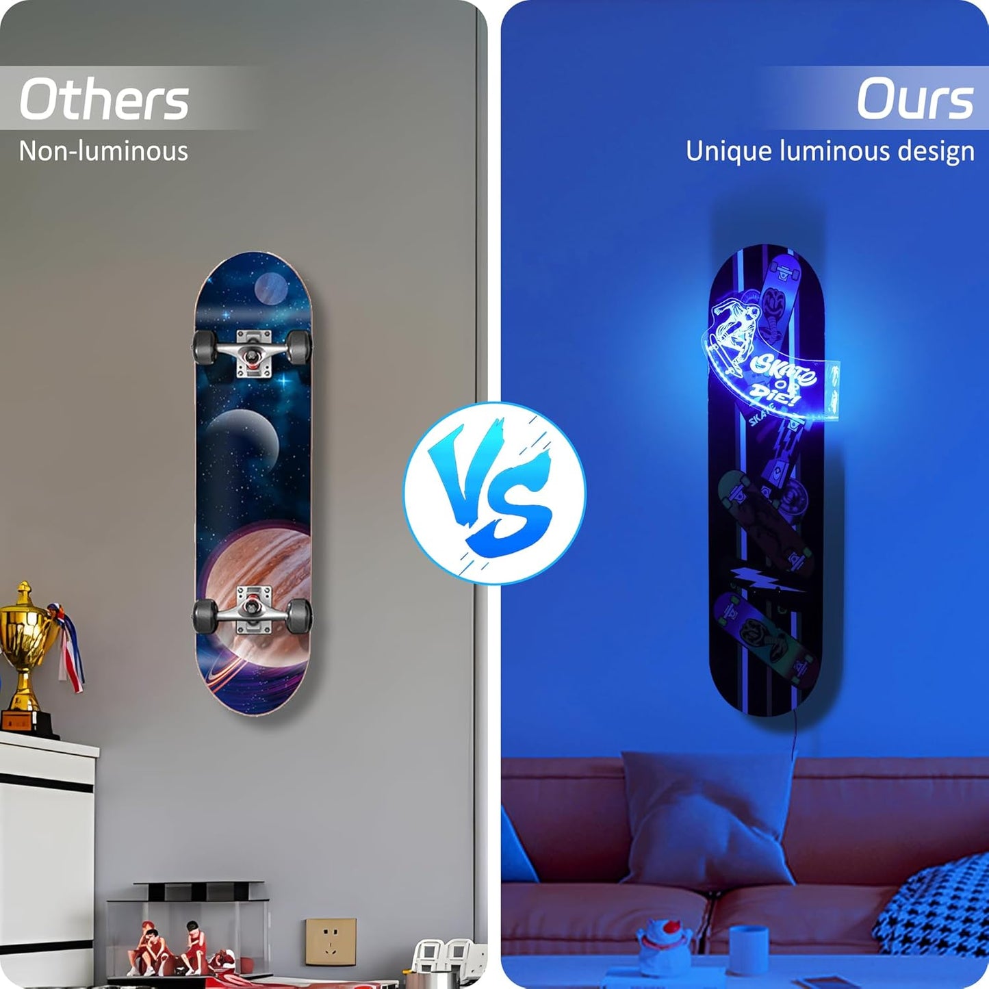 Light Up Skateboard Wall Mount, Acrylic Skateboard Rack with Skateboarding Pattern Blue LED Lights for Trick(Street or Vert) Board Longboard Penny board Storage and Display, Skater Gifts
