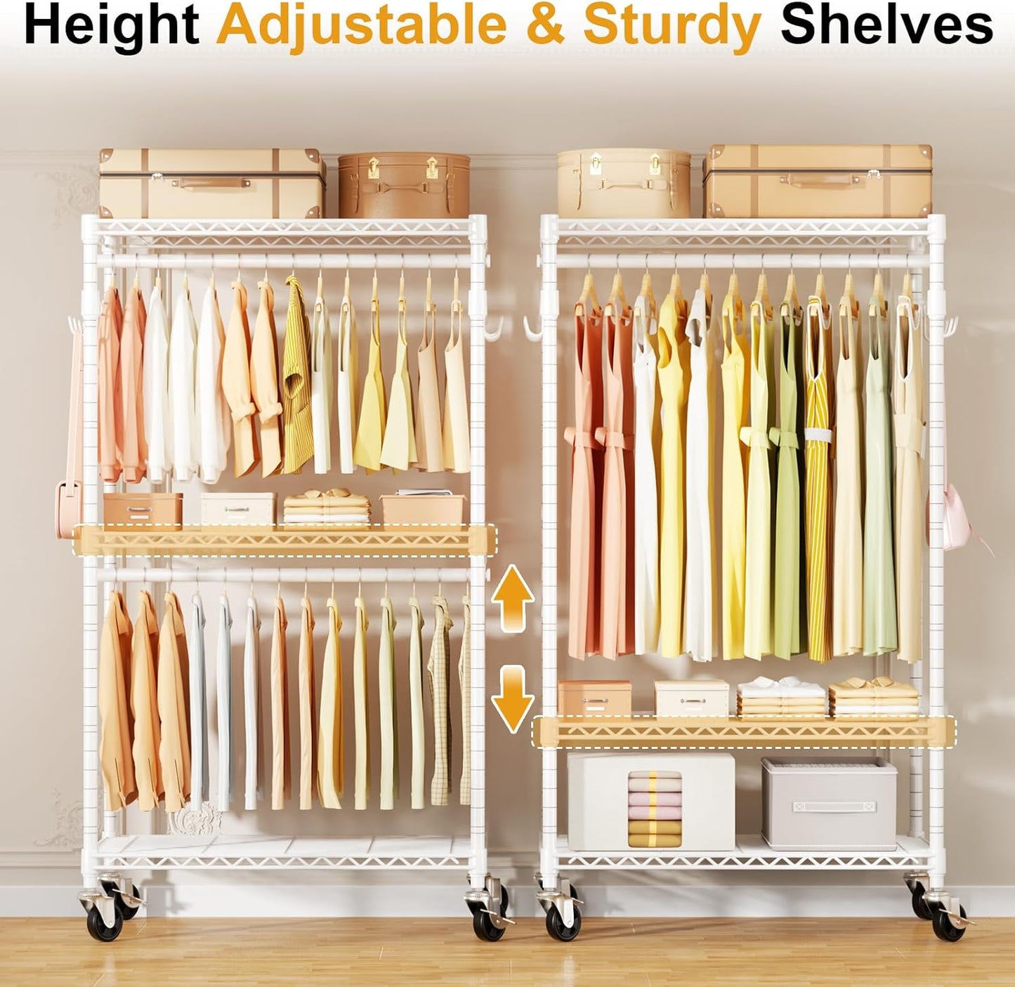 P1 Rolling Clothes Rack Heavy Duty, Metal Closet Clothing Rack with Lockable Wheels, Portable Wardrobe Closet for Hanging Clothes, 35.5" W x 15.7" D x 80.5" H, Hold 500lbs, White