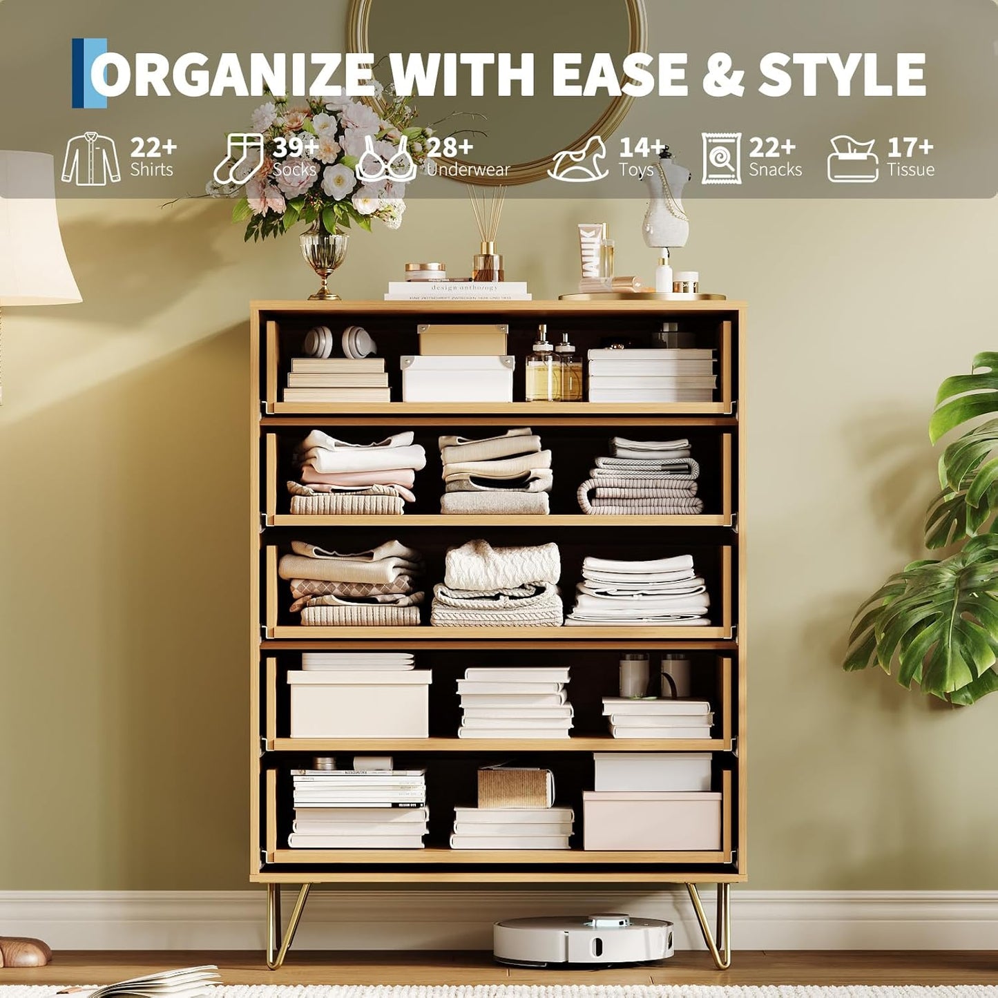 Garvee Fluted Dresser for Bedroom with 5 Drawers,32" Wide Modern Chest of Wooden Bedroom Chest with Metal Handle,Clothes Storage Organizer,Closet Dresser & TV Stand for Living Room,Hallway,Natural Oak