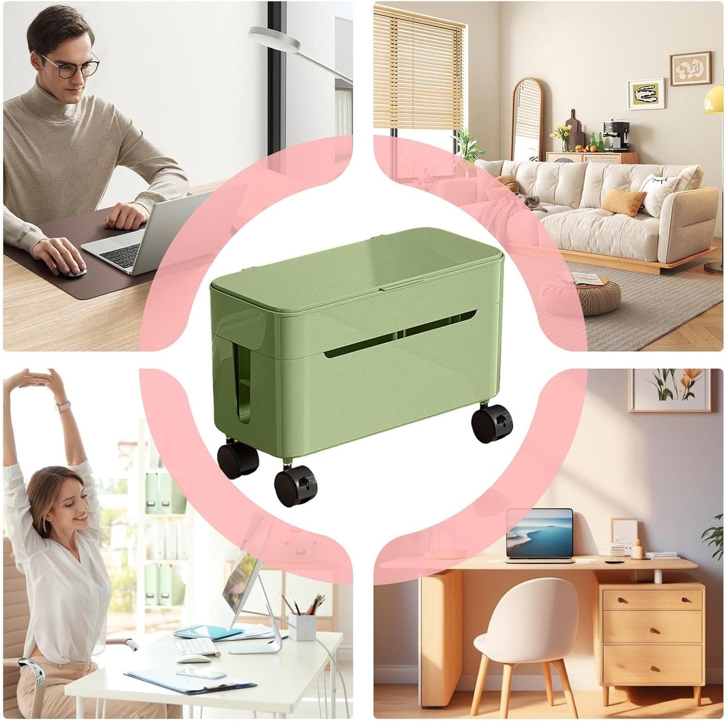 Cord Management Box, Wire Storage with Wheels and Tabletop Charger Organizer, Cable Storage Solution for Home, Office, Dormitory, Gaming Setup, TV Stand, Computer Desk, Tech Enthusiasts, Renters