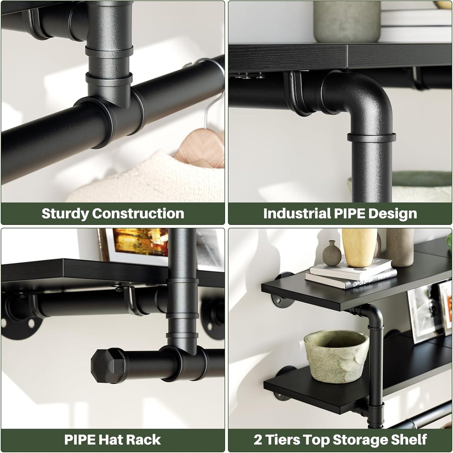 Aheaplus Industrial Pipe Clothes Rack with Top Shelf, 59In Space-Saving Wall Mounted Clothing Rack, 2 Tiers Heavy Duty Pipe Clothing Shelves with Hanging Rod for Laundry Room, Closet Storage, Black