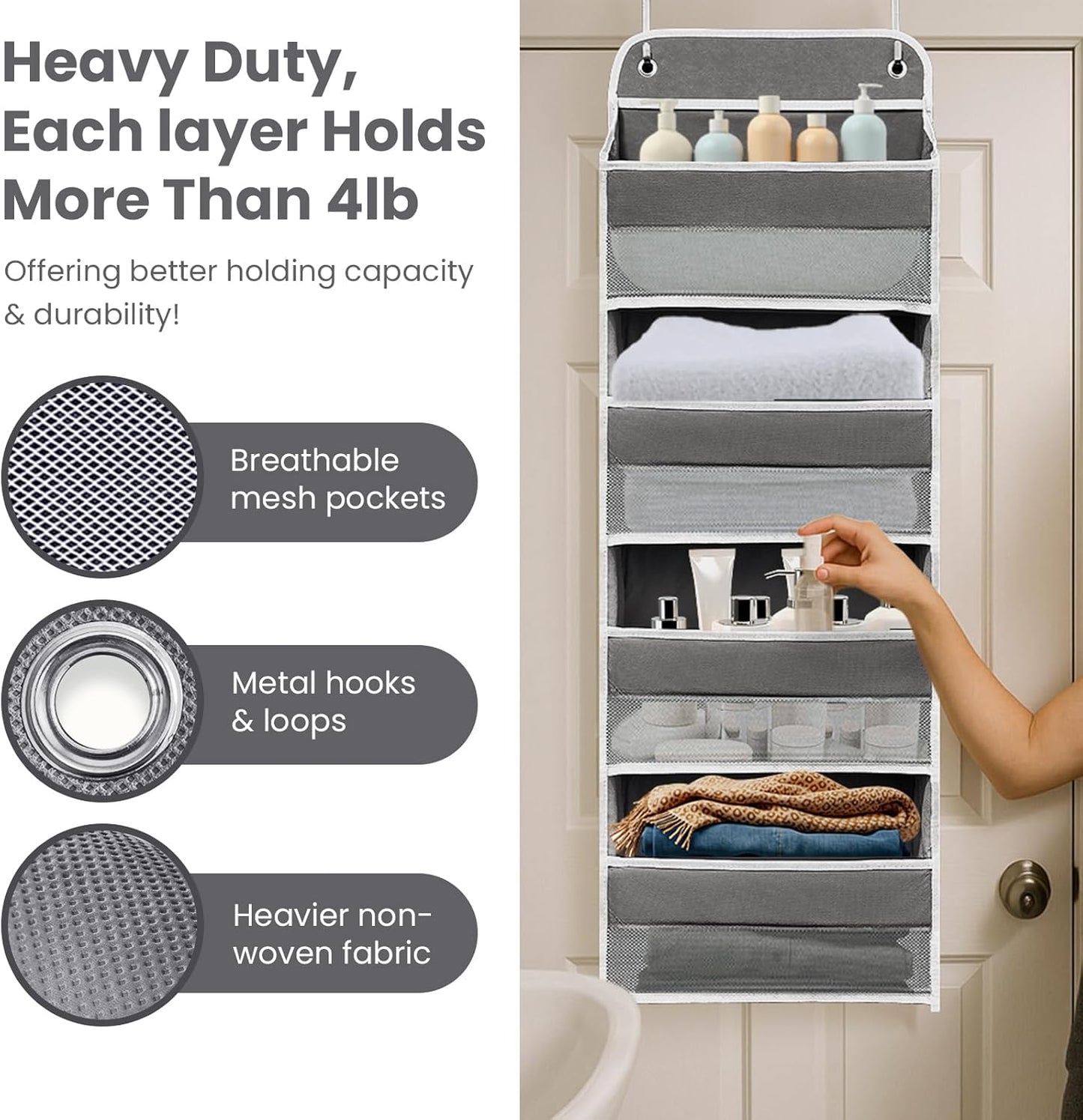 Kitchen Organizers and Storage with 4 Side Mesh Pockets, 44lb Weight Capacity Hanging Behind The Door Storage Suitable for Storing Toys, Shoes, Towels, Dark Grey, 4 Shelf