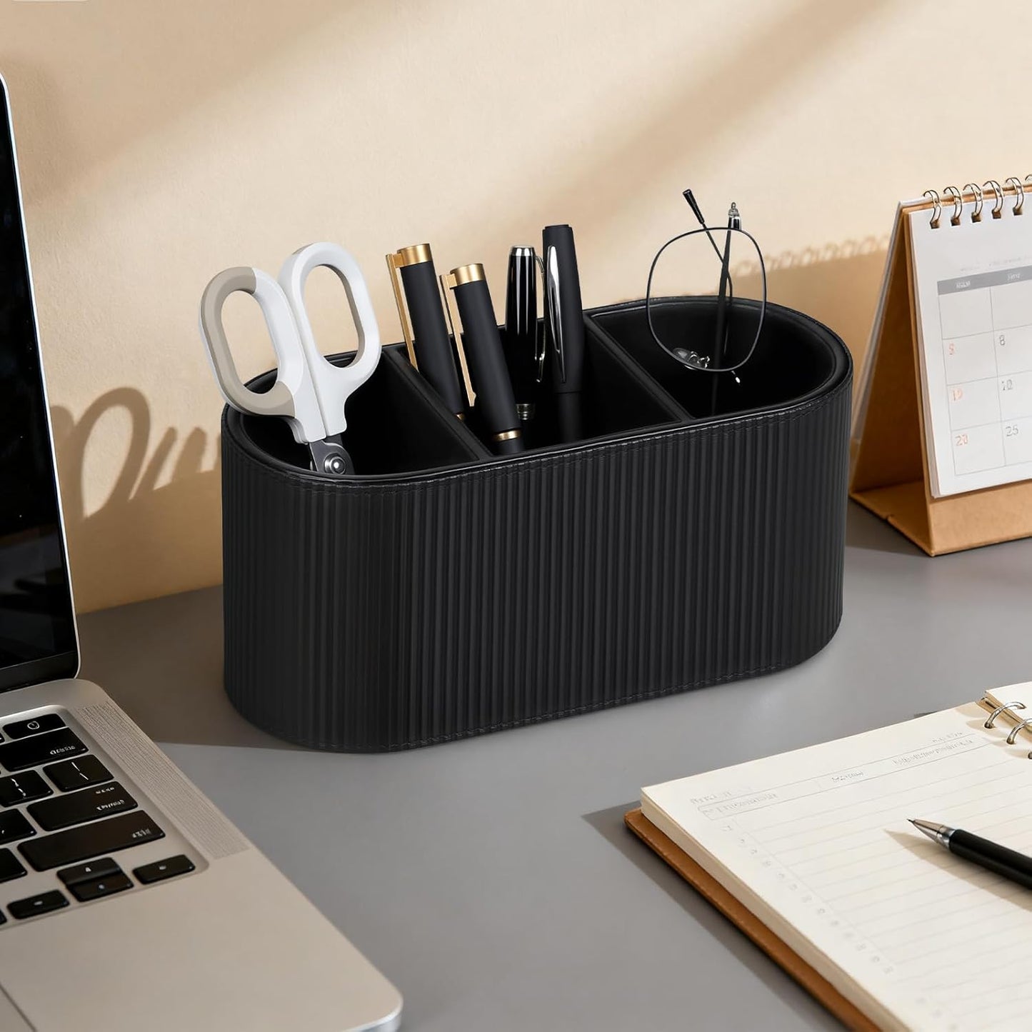Aesthetic Remote Control Holder, PU Leather Pen Holder for Desk with 3 Compartments for Home Office Supplies and Accessories, Stylish Bedside Remote Holder Nightstand Desktop Organizer (Black)