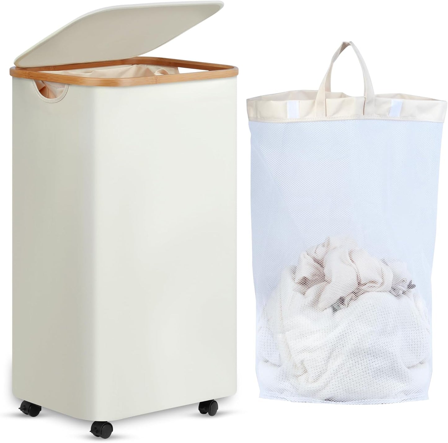 efluky Slim Laundry Basket with Wheels, Narrow Rolling Laundry Hamper with Lid and Removable Bag, Tall Aesthetic Dirty Clothes Hamper on Wheels for Laundry Room, Bedroom, Dorm and Bathroom, 100L Beige