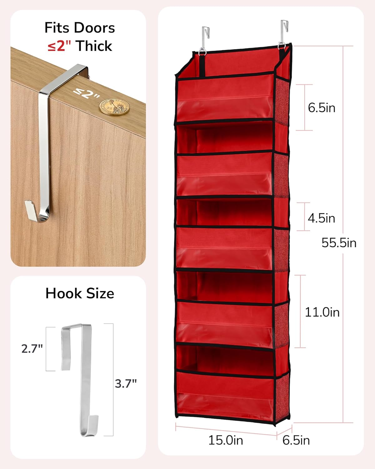 ULG 1 Pack Over The Door Organizer – 5 Shelf Door Organizer Hanging & 10 Side Pockets, Reinforced 44LB Capacity Hanging Organizer, Behind The Door Storage for Bedroom, Nursery, Christmas (Red)