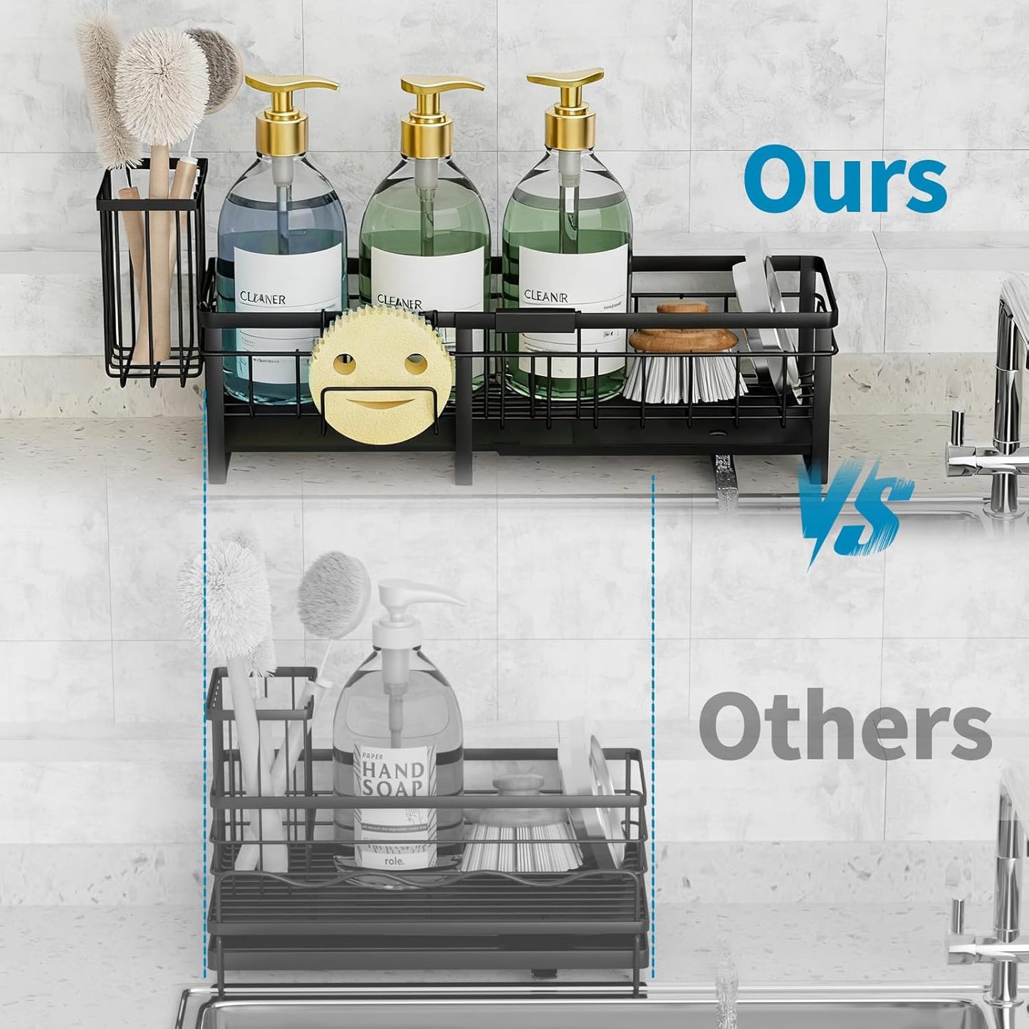 Extra Large Extendable Sponge Holder for Kitchen Sink, Rustproof Sink Caddy Organizer with High Brush Holder, Dish Soap Dispenser Organizers and Storage, Home Essentials Kitchen Countertop Accessories