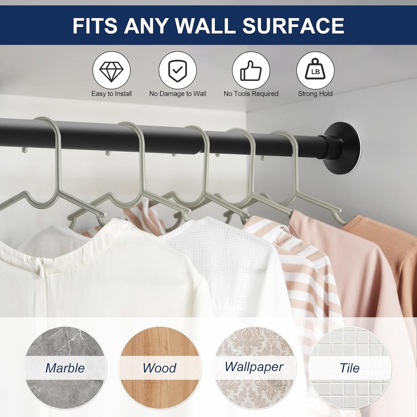 No Drilling Closet Rod, 27.5-82 Inches Hanging Closet Rod for Clothes, Closet Bar & Pole Heavy-duty, Closet Rods for Hanging Clothes For Closet Wardrobes Bathroom Laundry RV Curtains,Black
