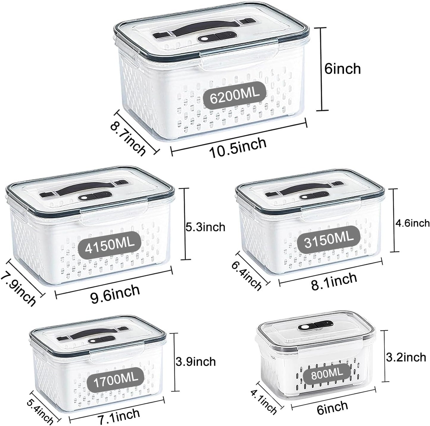 5 Pack Large Fruit Storage Containers for Fridge with vent holes and handle，Airtight Food Storage Containers Keep Fruits, Vegetables, Berry, Meat Fresh longer,BPA-free Fridge Storage Container