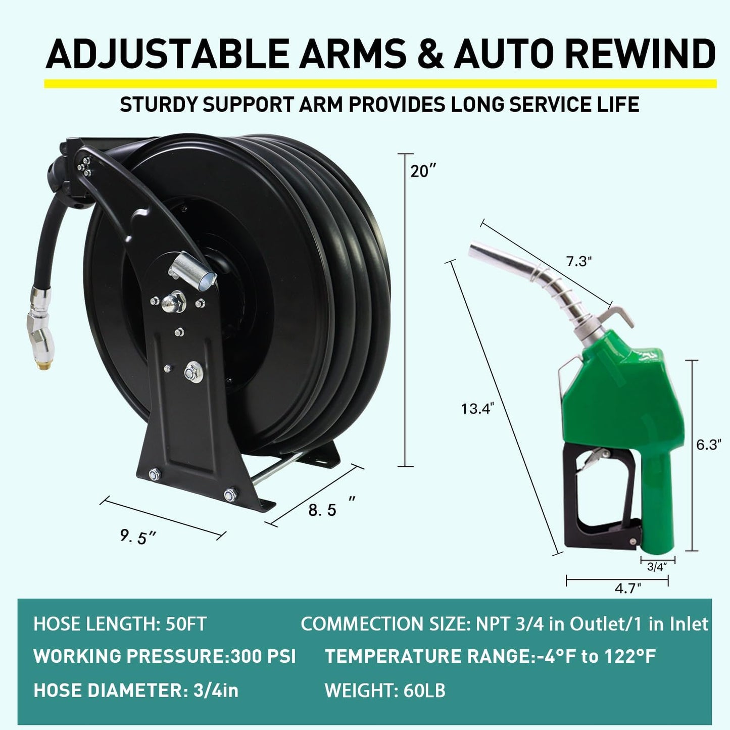Fuel Hose Reel,3/4"X50' Retractable Ratchet Spring Driven Diesel Hose Reel,360 Rotating Fuel Hose Swivel,AUTO Fuel Nozzle,SS304 Elbow Pipe,Barb Fitting,300 PSI,Swivel Steel Construction Reel
