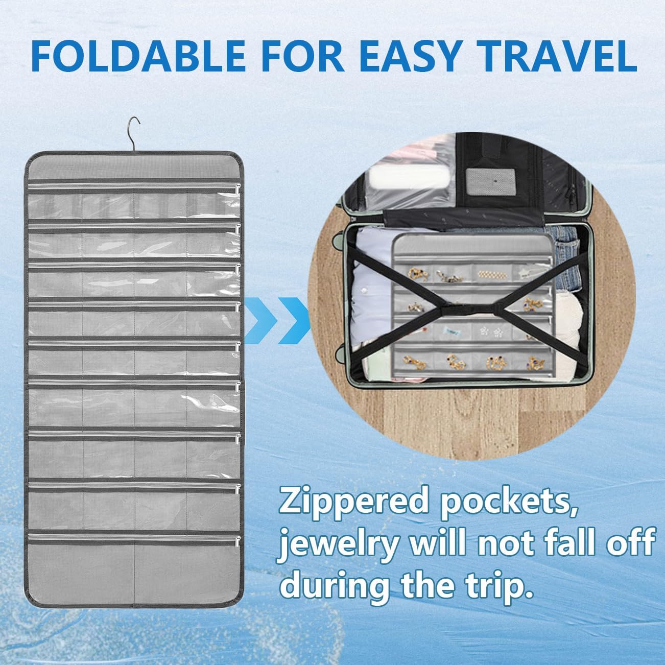 Travel Jewelry Organizer Dual Sided Hanging Earring Holder Bracelet Storage Rolls Rings Display Case with 68 Zippered Pockets (GREY)