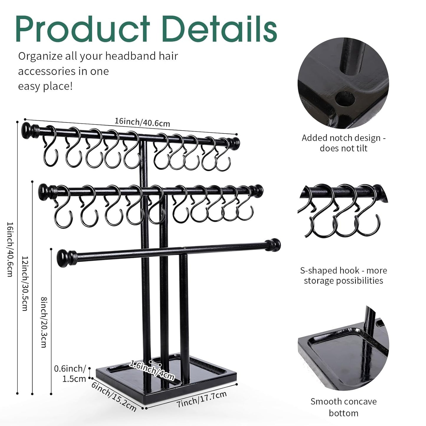 POVETIRE Headband Holder Stand Storage for Baby, 3 Tier Wooden Bow Organizer for Girls Hair Bows, Infant Hair Accessories Rack Display for Nursery Decor