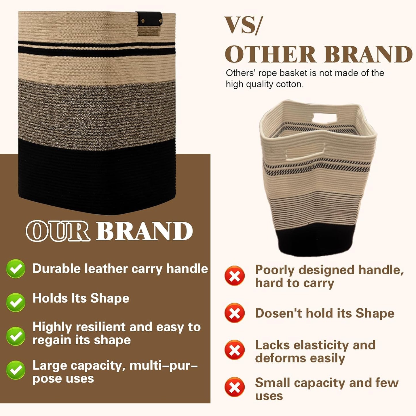 Laundry Hamper, 75L Tall Laundry Basket with Leather Handles, Rectangle Large Clothes Hamper for Organizing, Cotton Woven Laundry Baskets Storage Hampers for Bedroom, Nursery, Living Room
