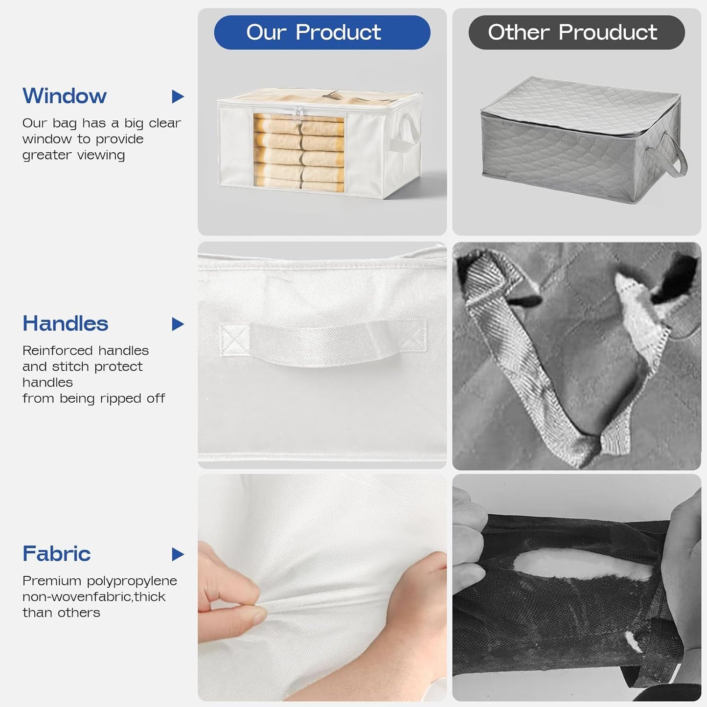Clothes Storage Bags, Foldable Thick Fabric Blanket Storage Bags, Large Clear Window & Carry Handles, Great for Clothes, Blankets, Closets, Pillows, Toys (White, 4PACK)