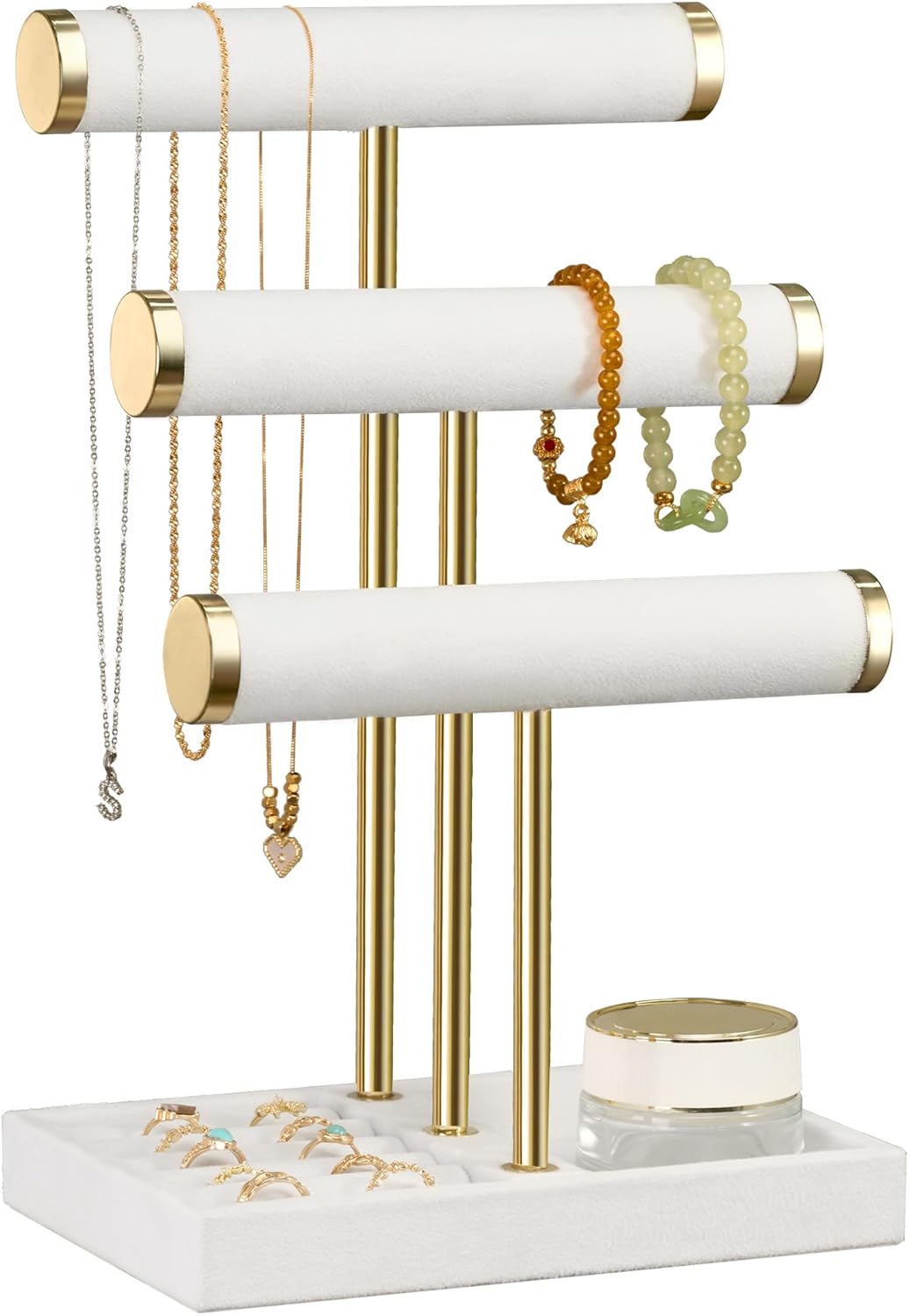 3 Tier Bracelet Holder Display - Detachable T Bar White Velvet Bracelet Holder, Jewelry Holder Organizer for Bracelet, Necklace, Watches, Rings