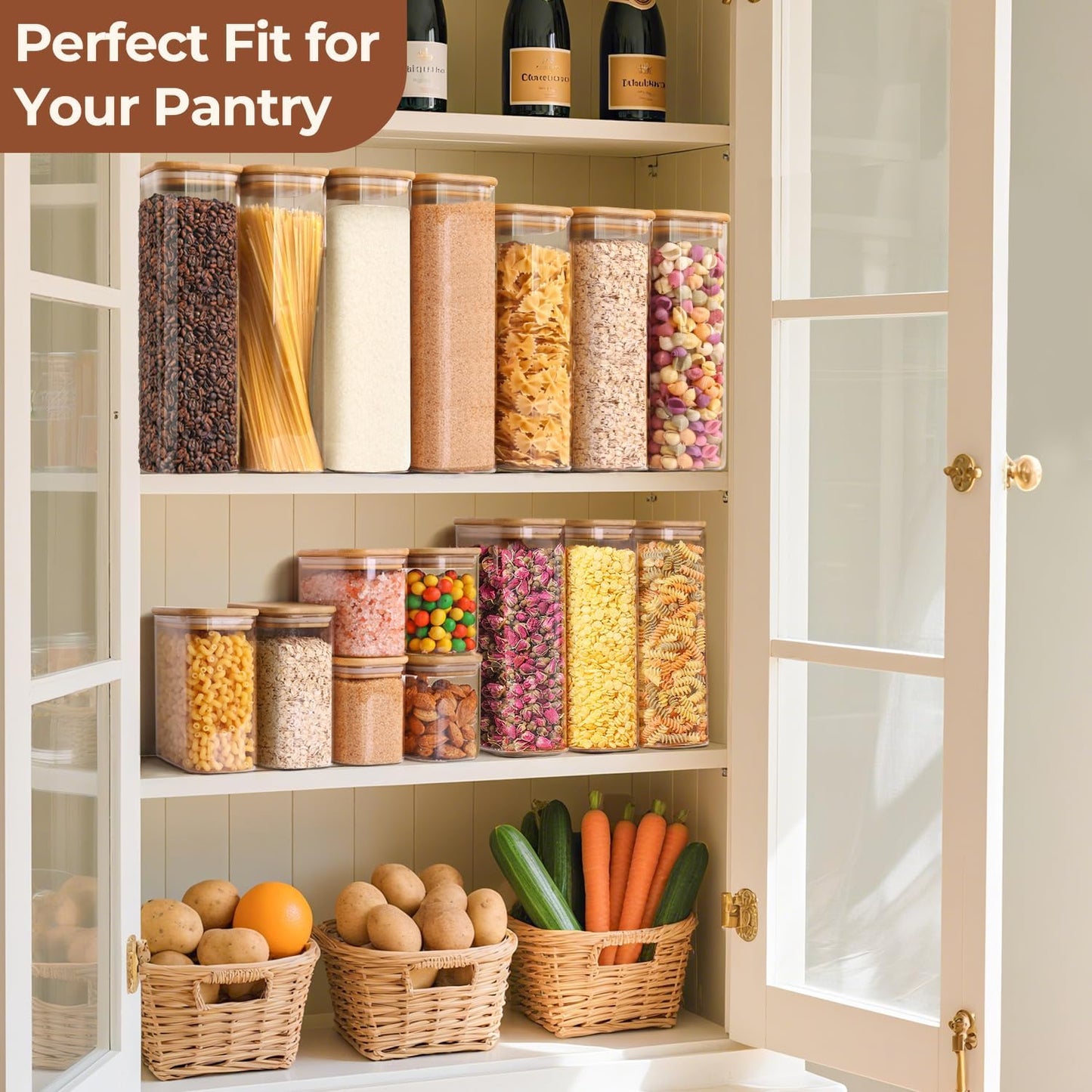ComSaf 1.8 Qt Rectangle Glass Storage Containers with Lids, Glass Jars with Bamboo Lids, Clear Food Storage Jar, Sugar Coffee Containers, Pantry Storage Container for Pasta Rice Flour Oats Nuts Tea