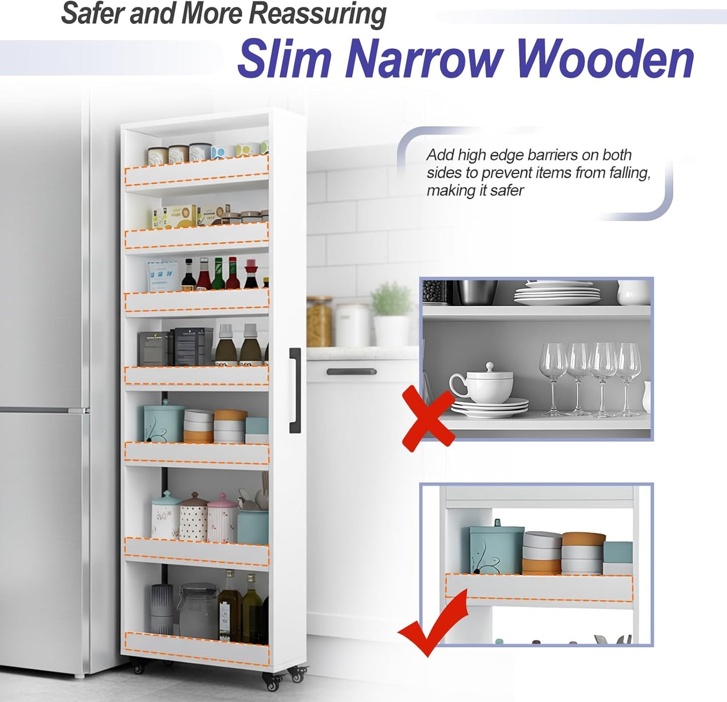 7-Tier Slim Storage Cart, Wooden Rolling Pantry Cabinet with Wheels, Narrow Shelf Organizer for Kitchen, Bakers Rack, Dining Room, Closet, Small Spaces Gray 47.2" H*5.9" W*16.9" D