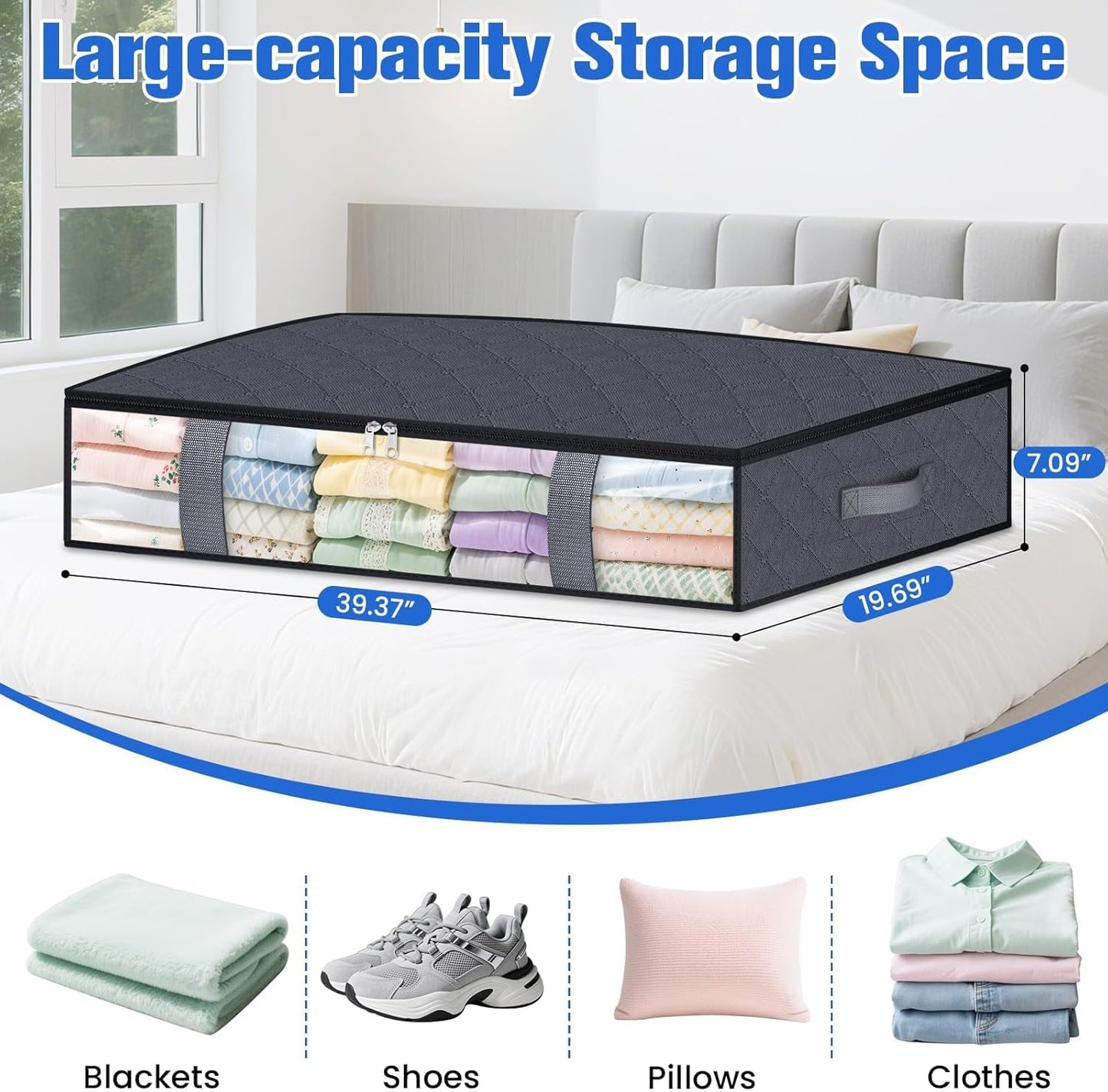 Under Bed Storage Containers, 8 Pack Blanket Storage Bags, Collapsible Storage Bags with Big Zippers, Clear Front, Shoe Storage and Organization for Clothes, Comforter, 90L, Grey