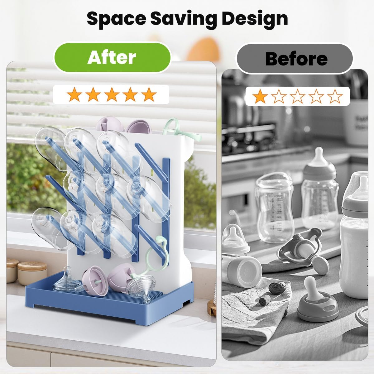 Baby Bottle Drying Rack: Vertical Space Saving Large Bottles Holder - Standing Boon Dryer Rack Baby Accessory - Countertop Holds Up to 12 Bottles & Pump Part Cleaning & Cup (Blue) (Blue)