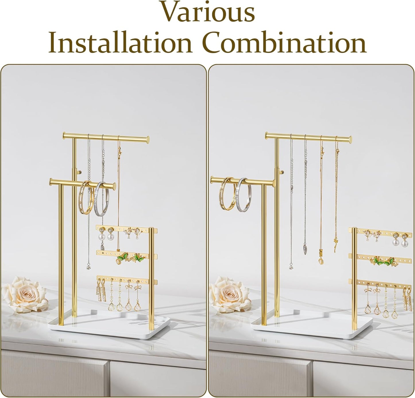 Jewelry Holder Organizer Stand - Adjustable Tall 17.5" (Max), Gift for Women, Mirrored Gold Jewelry Hanger for Necklaces, Earrings, Bracelets, Rings