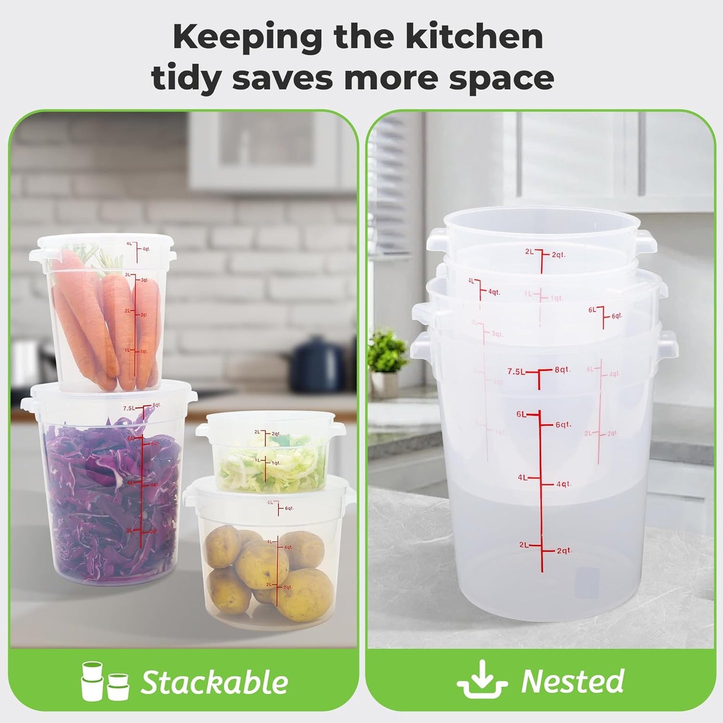 4 Pack Round Food Storage Containers with Lids, 4Qt Translucent Commercial Food Container, Polypropylene, BPA Free, Includes Labels & Measuring Cups