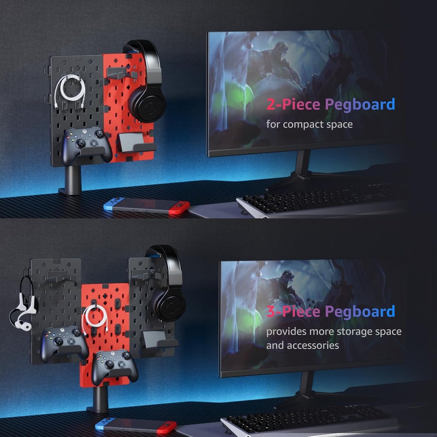 PEGZONE Modular Headphone and Controller Holder for Game, Clamp-on Pegboard, Rotatable Controller Stand with Cable Hooks, Gaming Accessory for Xbox PS5 PS4 Nintendo Switch, 3Pcs Pegboard, Red