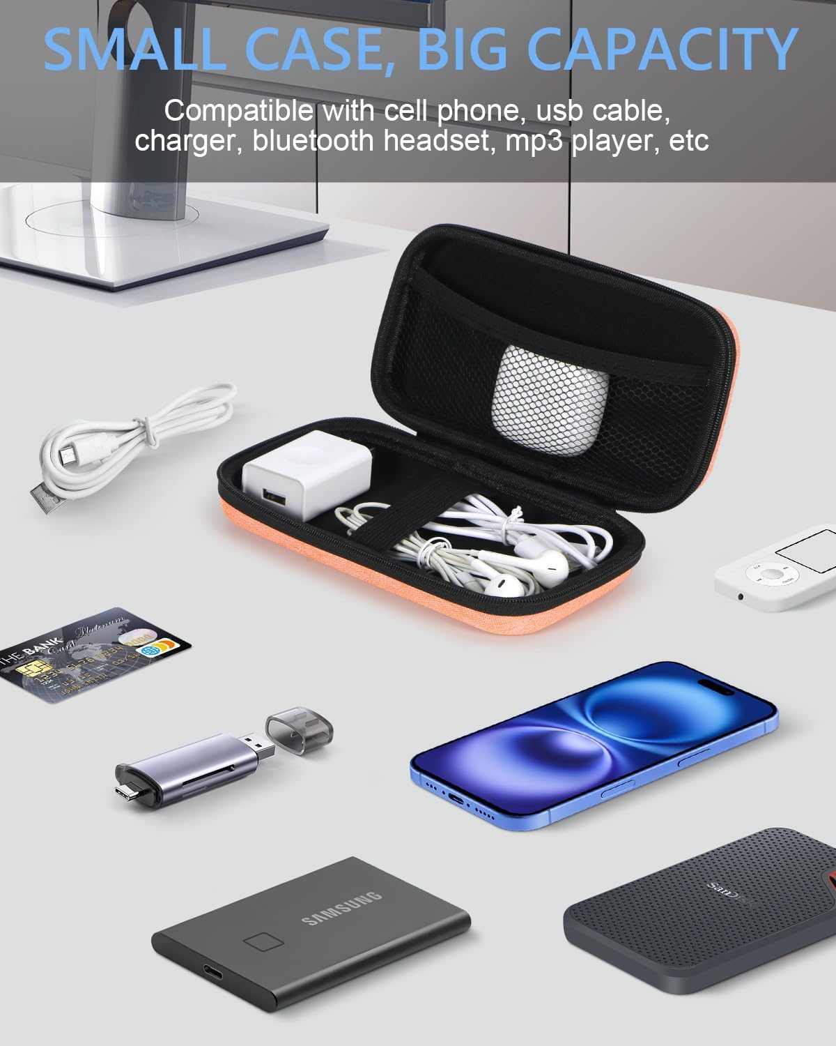 Light-Orange Small Carrying Case Universal Travel Case for Sandisk, Samsung SSD, Earbuds, Cable, Hard Disk, MP3 Player - Portable Storage Pouch Bag - Shockproof Electronic Accessories Organizer