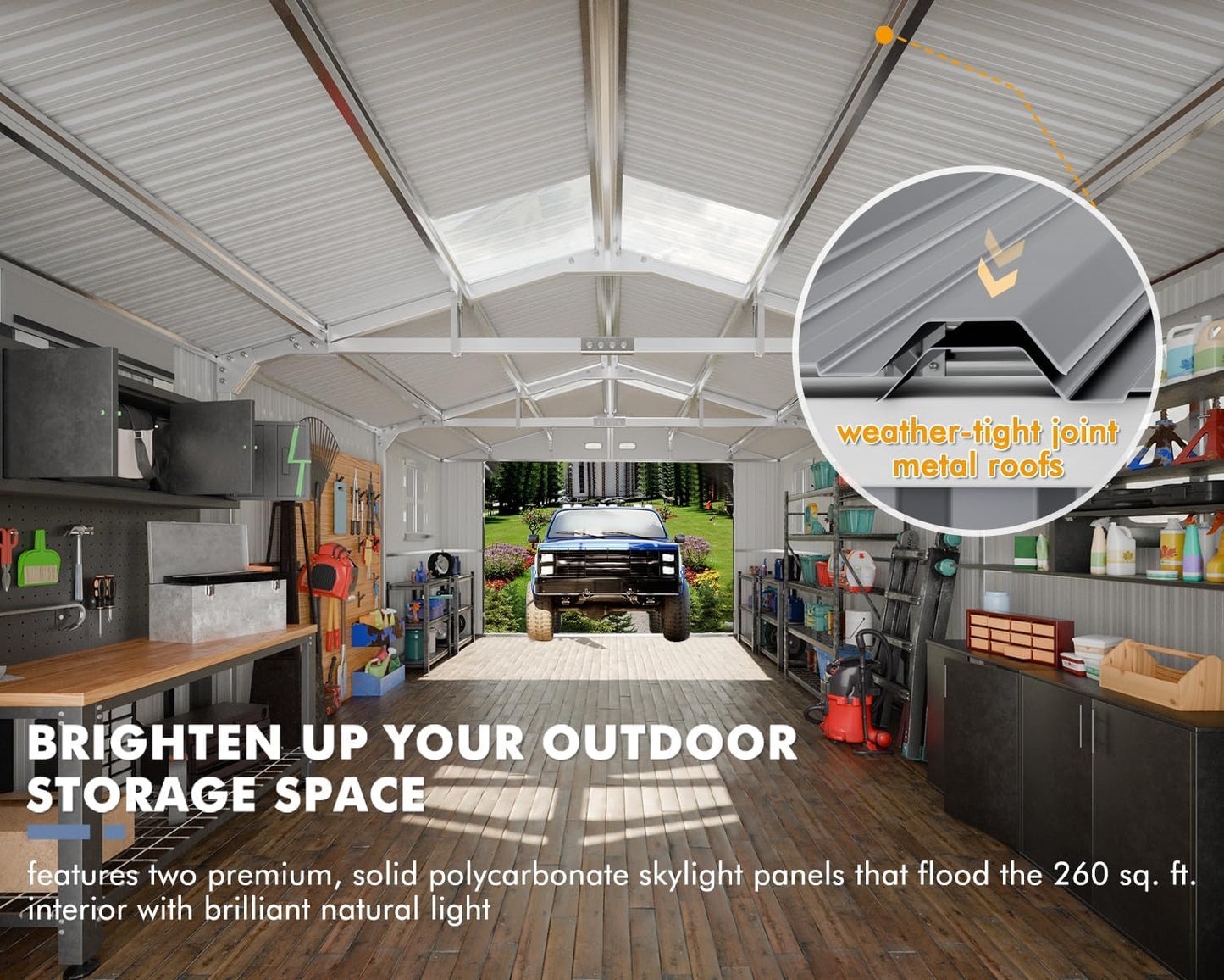 Metal Garage Shed for Car with Floor Kit, 13x20x8.5' Large Outdoor Storage Building and Workshop, Weatherproof Steel Carport with Ultra-Reinforced Truss System, Skylights & Dual-Entry