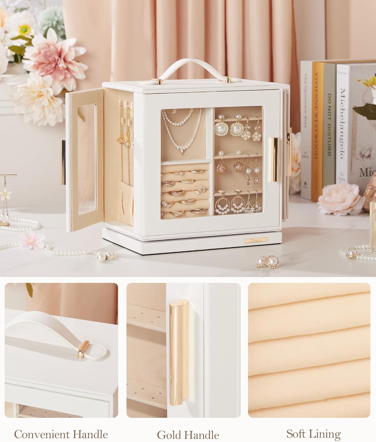 Homde Christmas Gifts Jewelry Box 360° Rotating, Necklace Earring Organizer with Transparent Window, Mirror, 7 Drawers, Large Ring Display Storage Case for Girls Women (White)