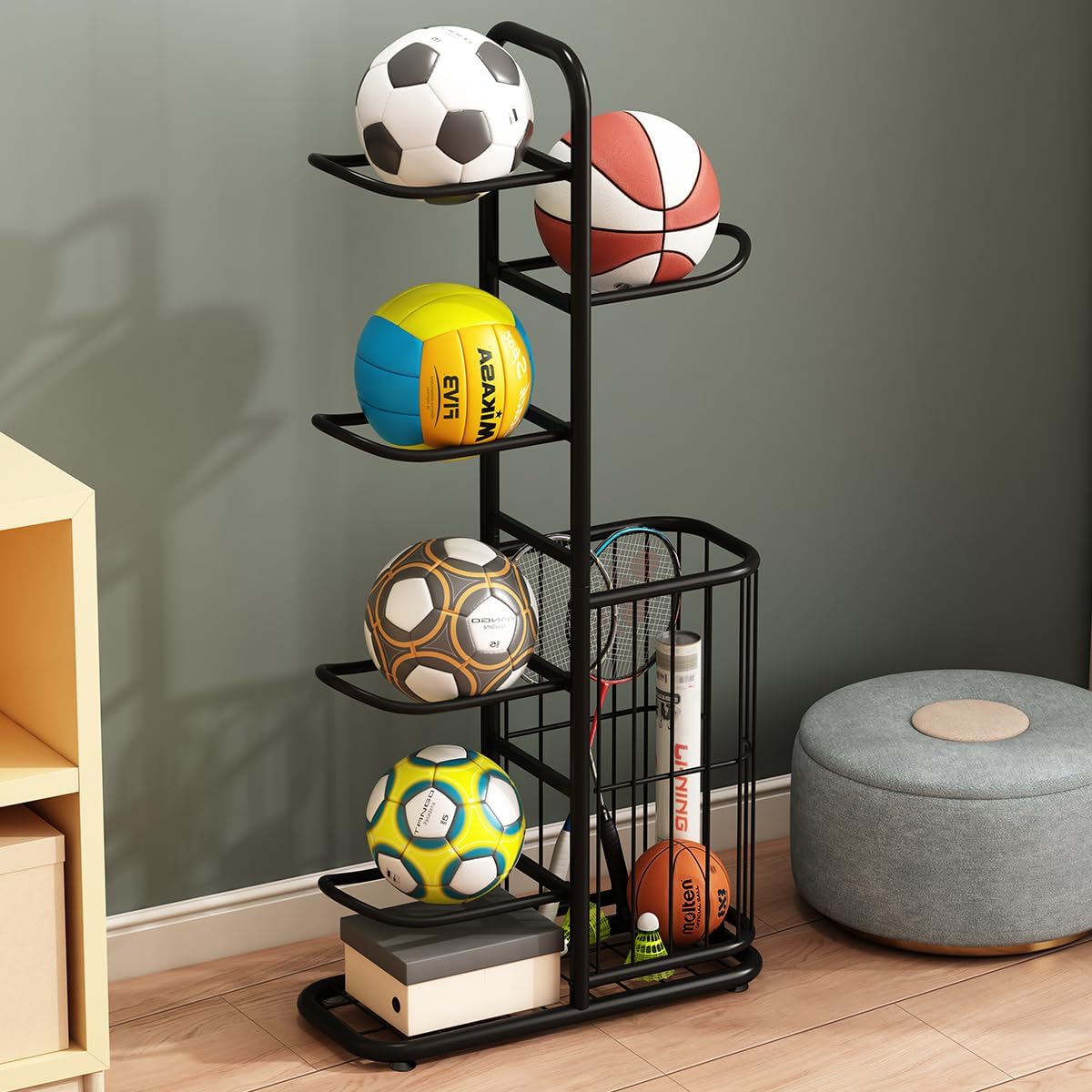 Sports Ball Storage Rack | Adjustable Vertical Stand for Basketball, Soccer, Volleyball & More | Durable Steel Organizer for Garage |5-Ball |45.7 inches, black