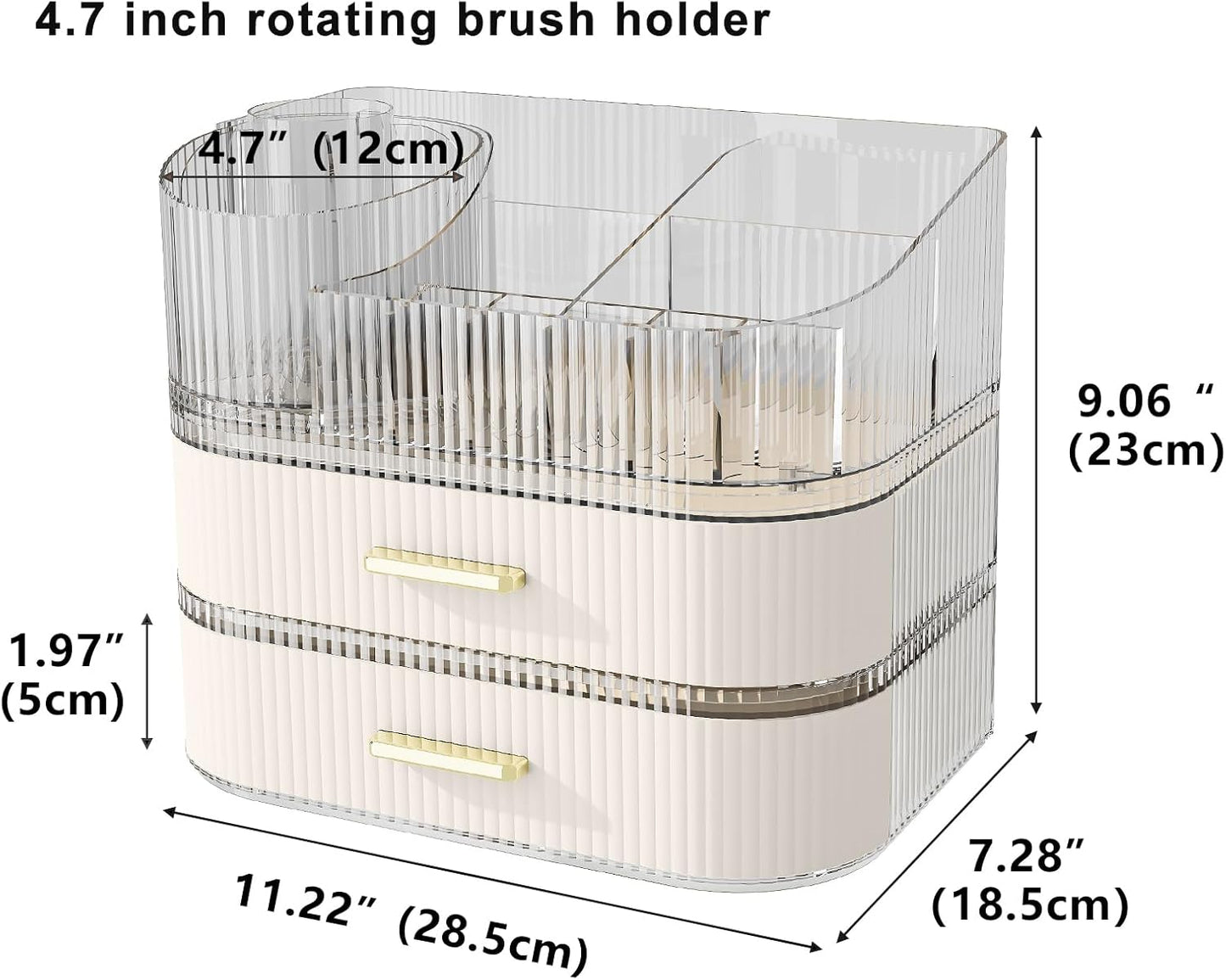 Makeup Organizer with Stackable Drawer, 360 Rotating Makeup Brush Holder, 11-inch Wide Large Cosmetic Display Case, Skincare Organizers and Storage for Vanity, Bathroom Countertop (1 Tray + 2 Drawer)