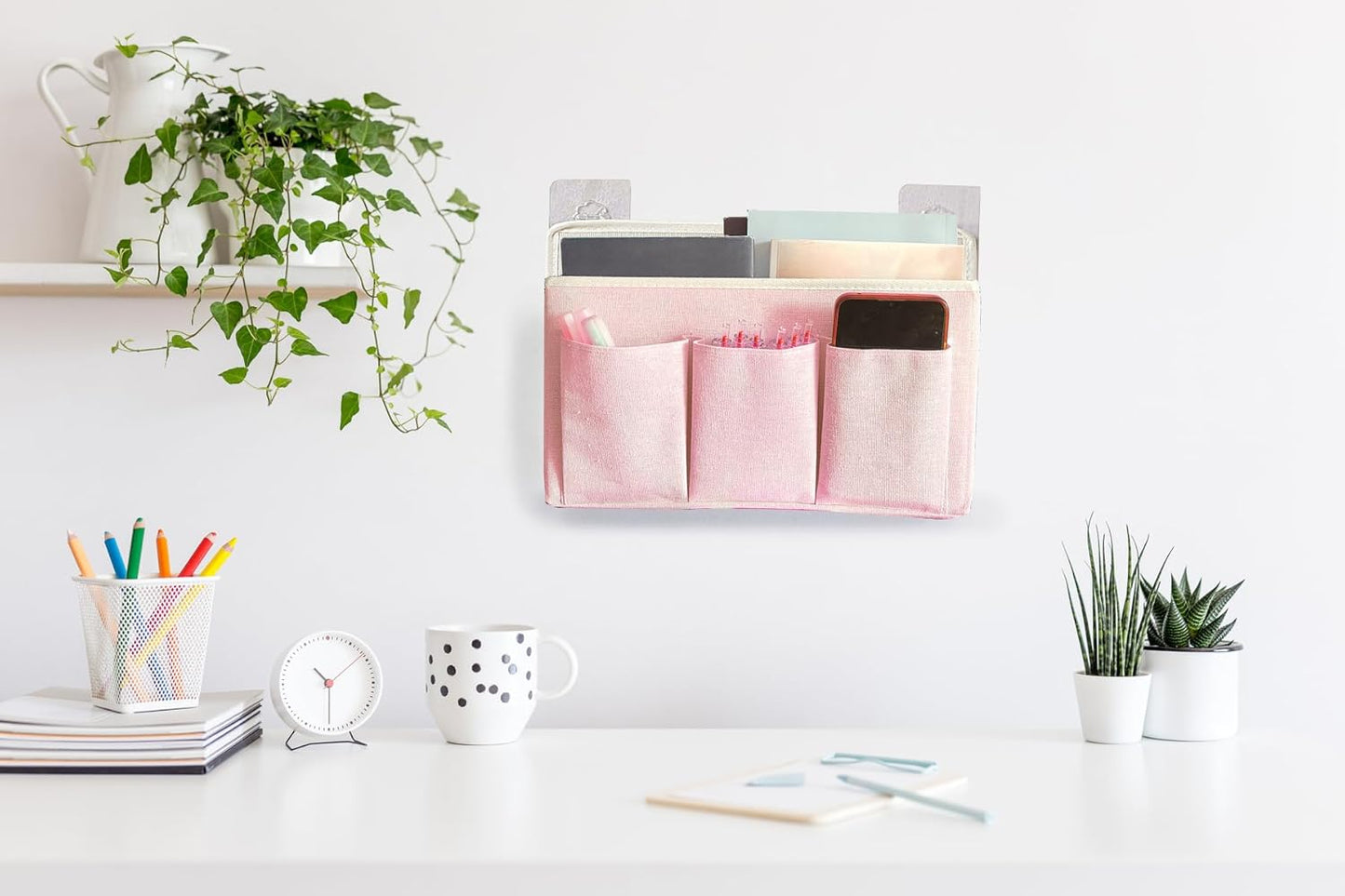 2-Pack Wall Hanging Organizer Bag/Hanging Baskets with Large Mesh Compartment & 3 Pockets，Over the Door Hanging Organizer Space Saving Storage for Bedroom,RV Camper, Closet (Pink -2 Pack)