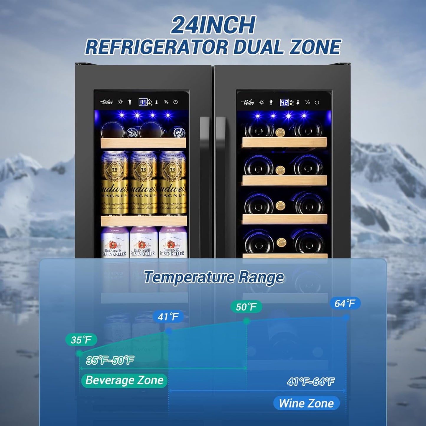 24" Black Dual Zone Wine & Beverage Refrigerator | Under Counter Built-In or Freestanding | 18 Bottles & 68 Cans | Glass Door with Lock Large Capacity for Beer Wine Soda Drinks