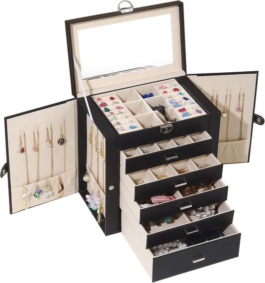 BOOVO Jewelry Box For women, 6 Layer Large Jewelry Organizer With Mirror, Multi-Function Storage Box With Lock, Accessory Holder With 5 Drawers, For Earrings Necklace Ring Bracelet (Black)