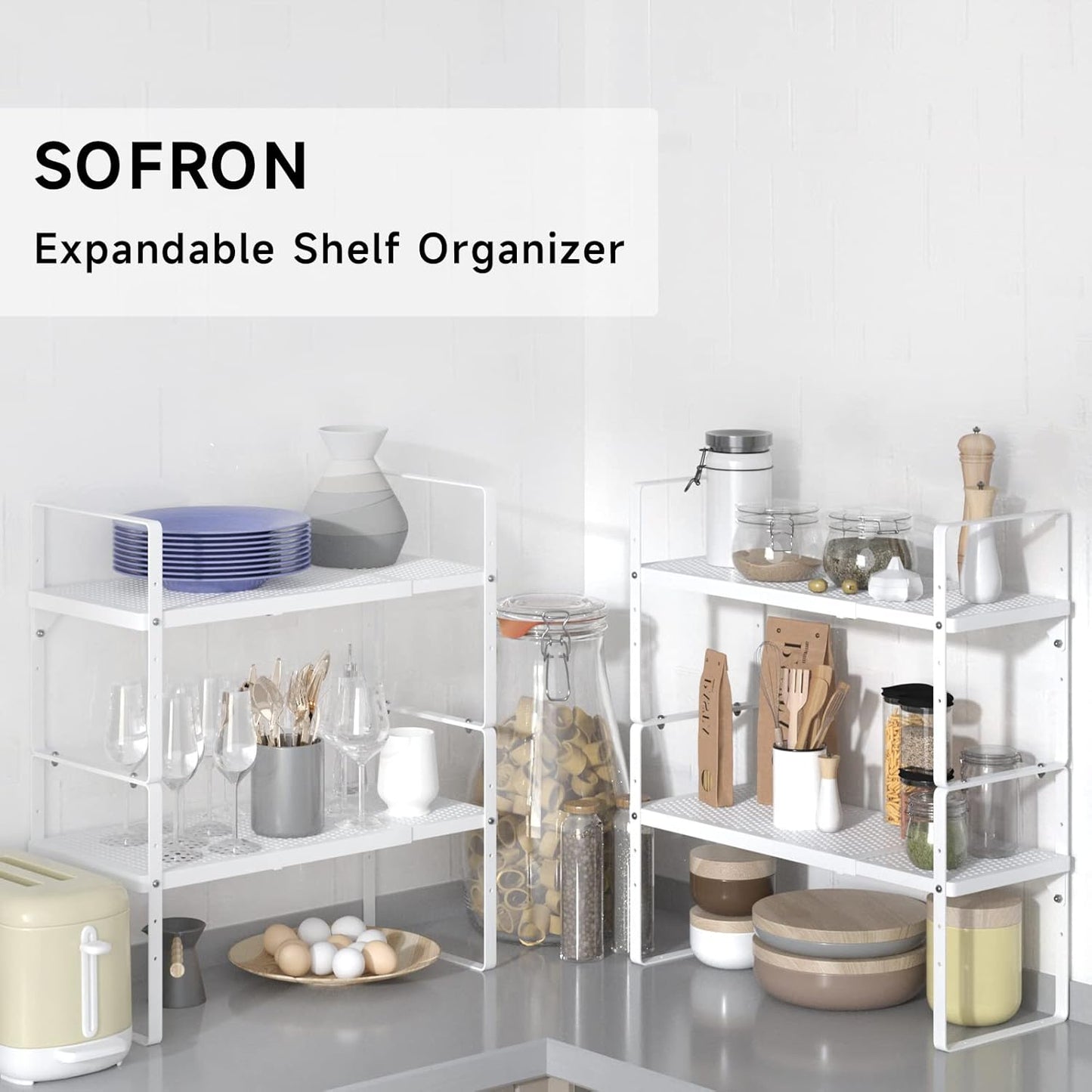 Expandable Cabinet Storage Shelf Stackable Organizer Rack for Kitchen Bathroom Pantry Spice Cupboard Coffee Countertop Home Office Desk Heavy Duty Nonslip White Large 2 Packs