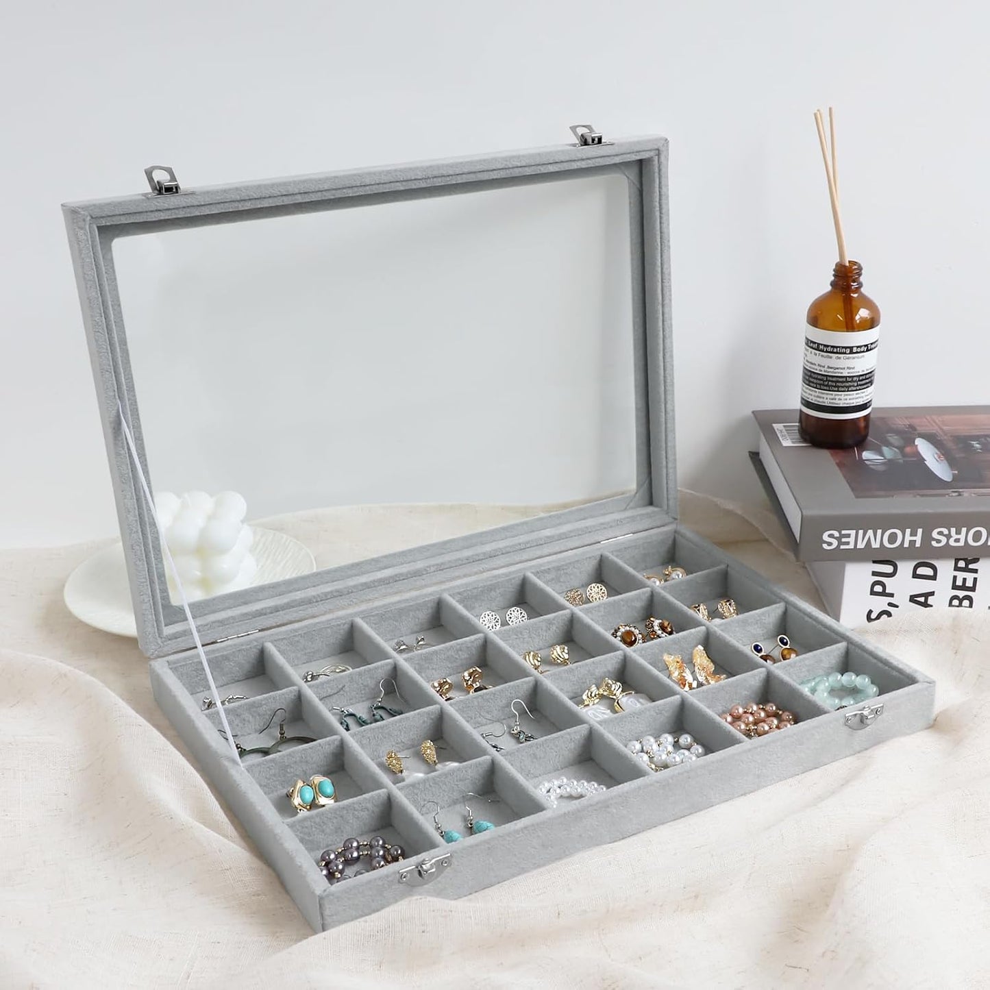 Wudygirl Jewelry Organizer Velvet Jewelry Tray 24 Grid Jewelry Box Earring Holder Organizer Removable Display Case Organizer Glass Top Lid & Lock (24 Grid)