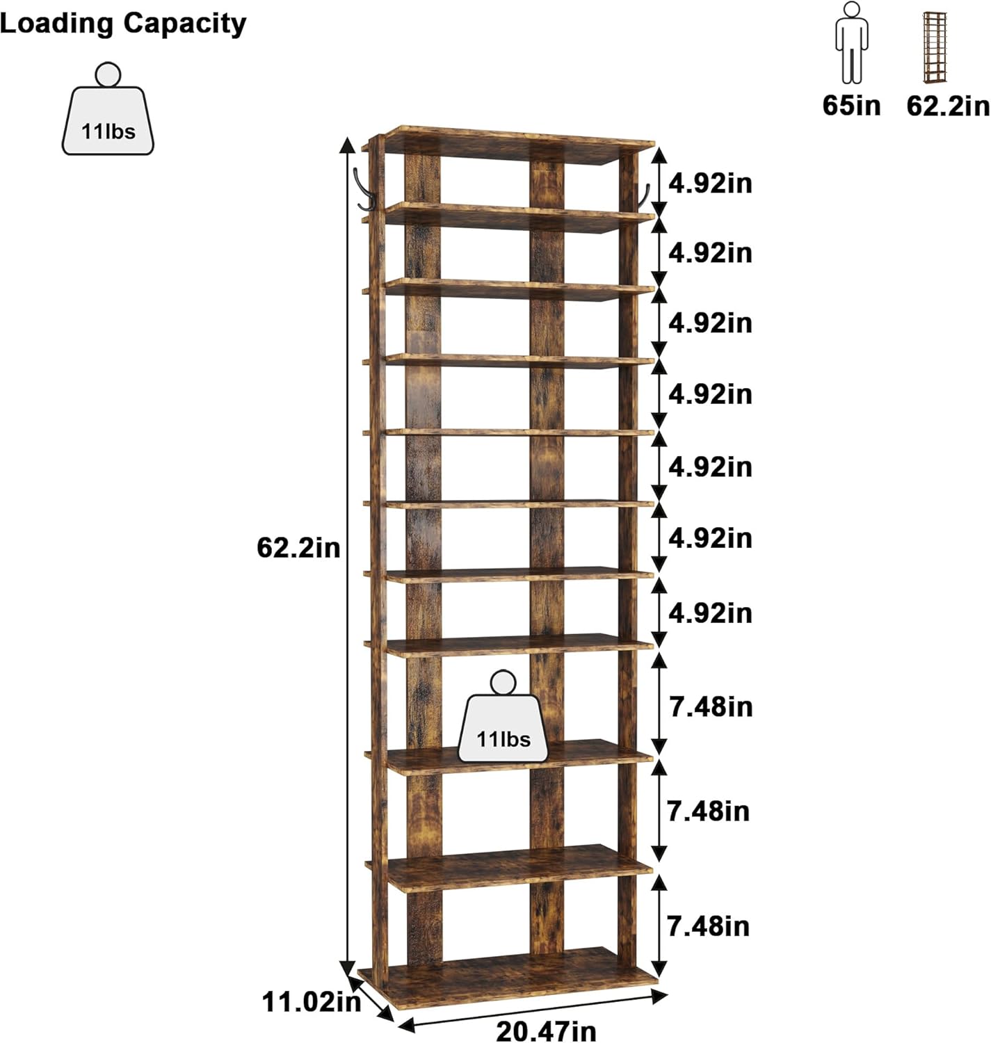 HOMEFORT 10-Tier Vertical Shoe Rack, Corner Shoe Tower, Double Rows 10 Tiers Shoe Shelf, Slim Shoe Storage Unit for 20 Pairs of Shoes, Shoe Stand for Entryway, Hallway, Closet (Rustic Brown)