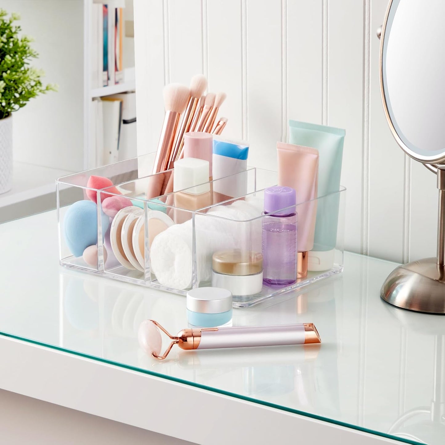 STORi 4-Compartment Clear Plastic Organizer, Rectangular Divided Makeup and Vanity Storage Bin, Use Upright for Eyeshadow Palettes, Made in USA